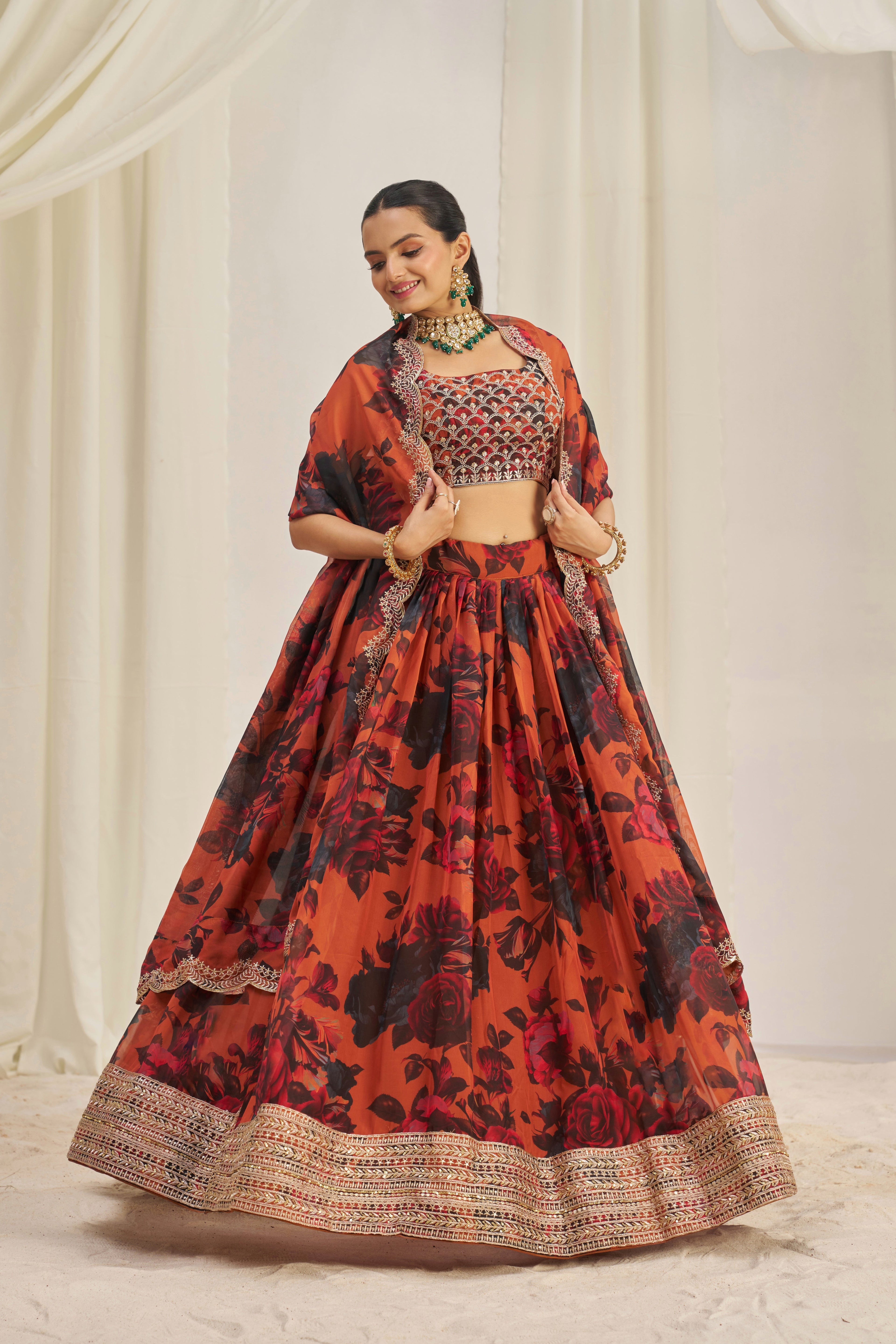 Stunning Floral Printed Sequins Embroidered Organza Lehenga Set - ETHNICDEAL