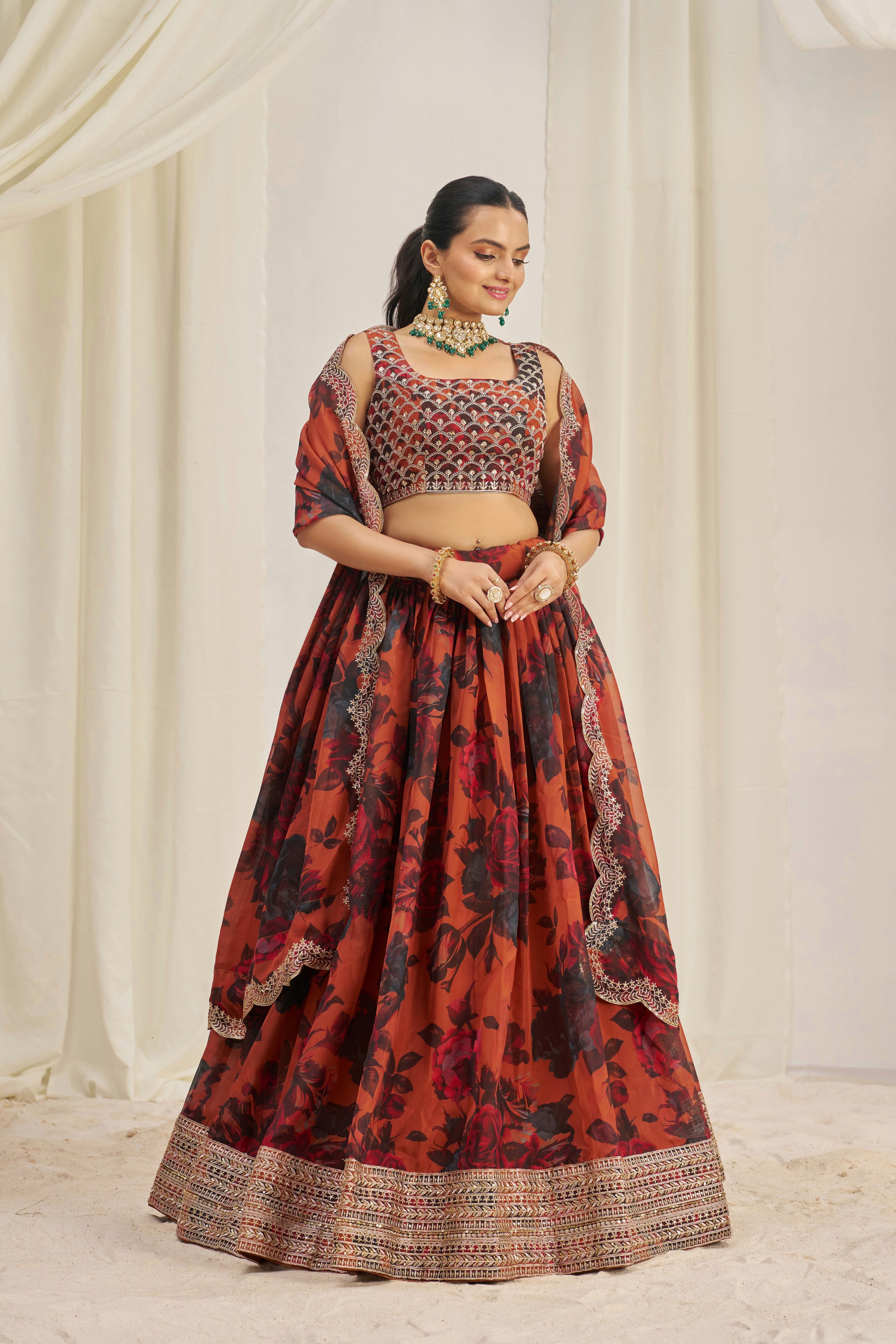 Stunning Floral Printed Sequins Embroidered Organza Lehenga Set - ETHNICDEAL