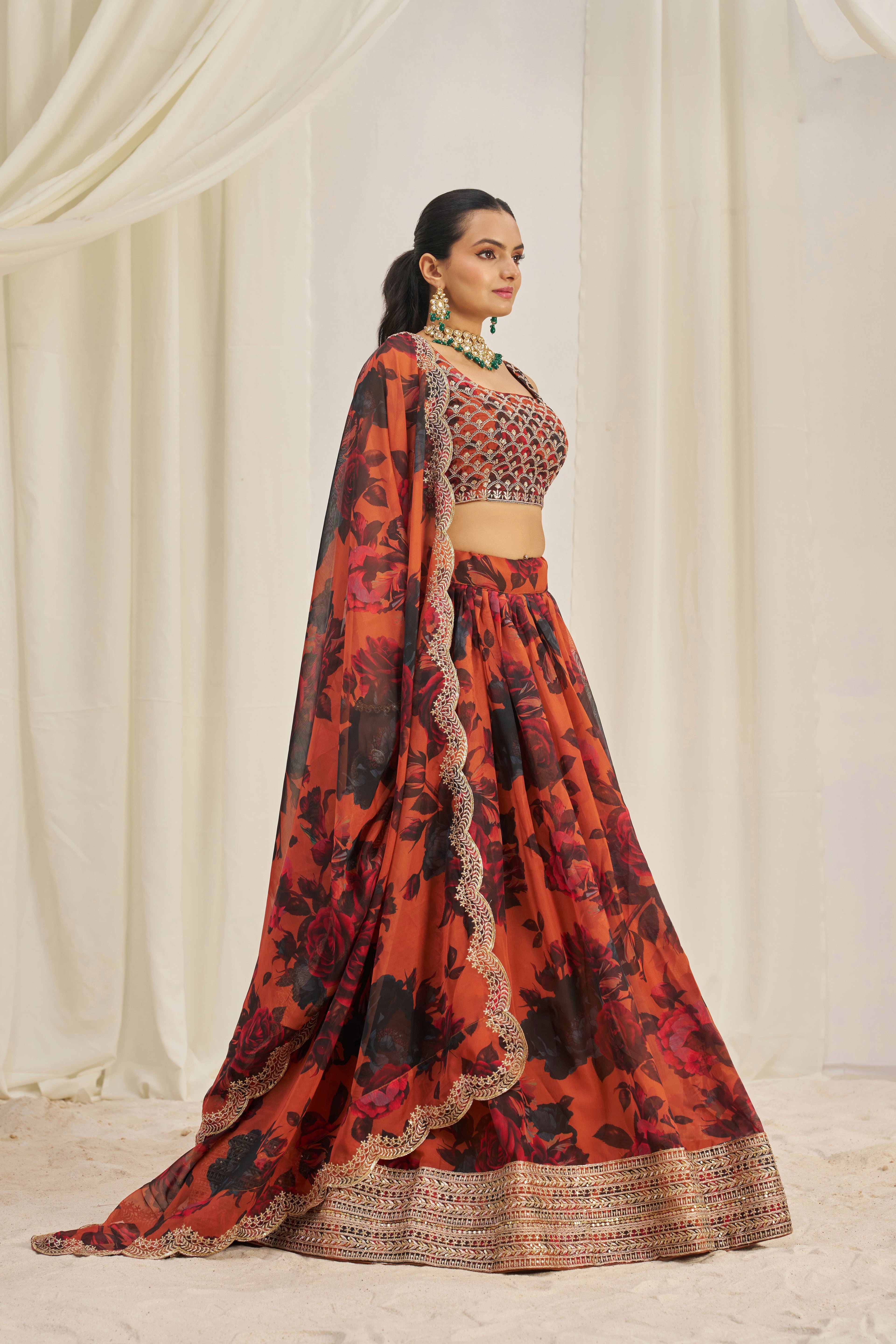 Stunning Floral Printed Sequins Embroidered Organza Lehenga Set - ETHNICDEAL