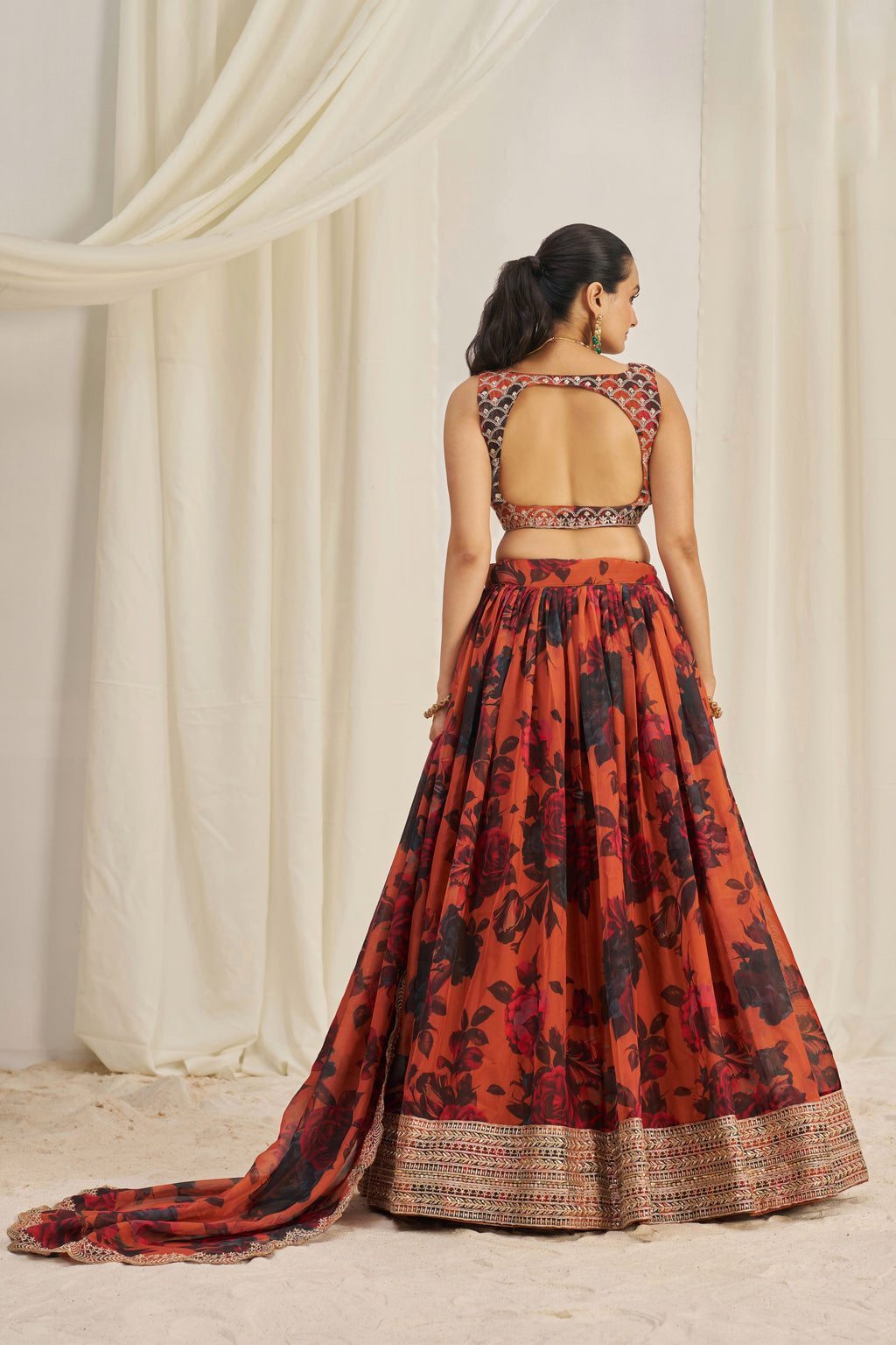 Stunning Floral Printed Sequins Embroidered Organza Lehenga Set - ETHNICDEAL