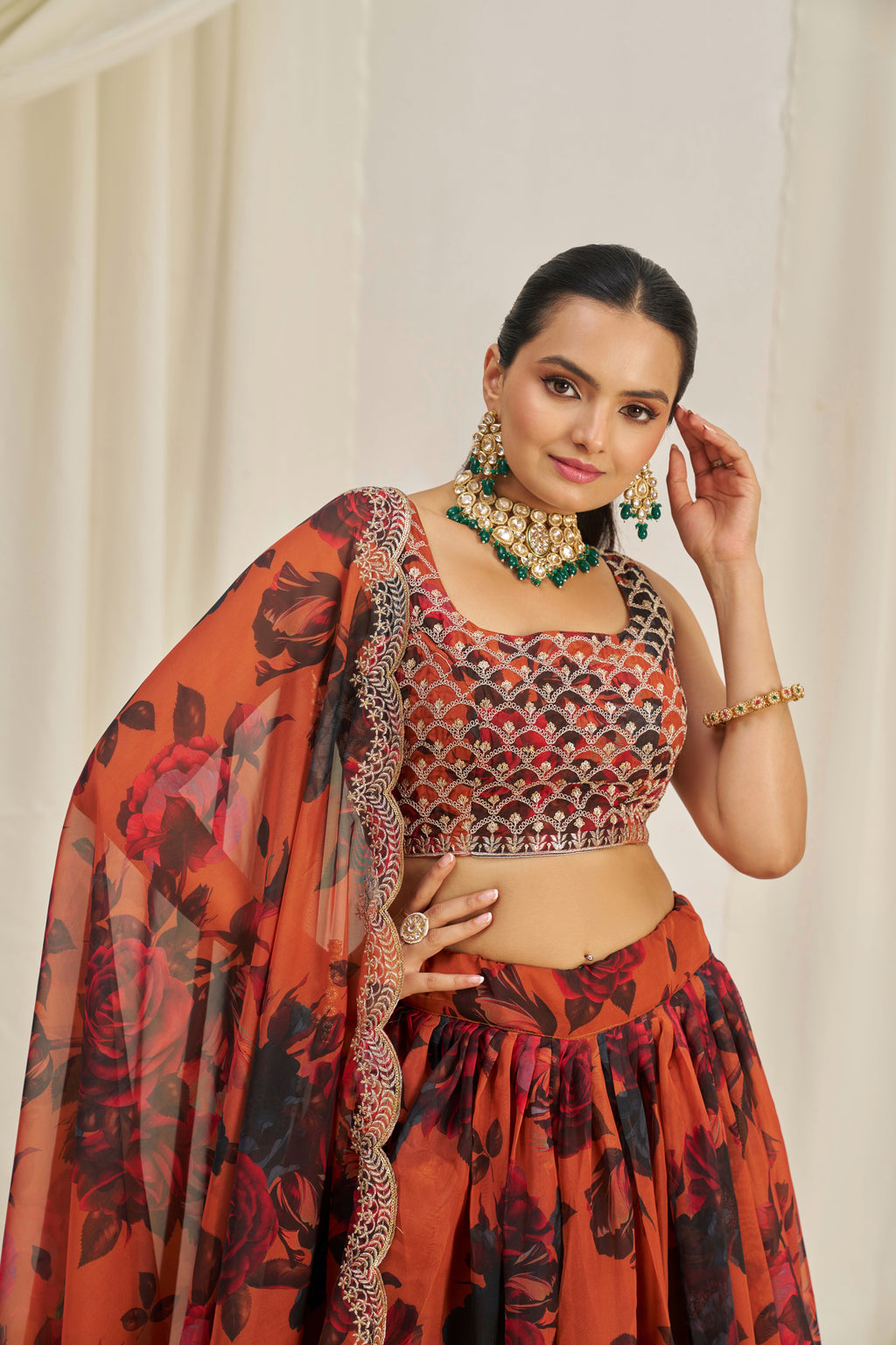 Stunning Floral Printed Sequins Embroidered Organza Lehenga Set - ETHNICDEAL