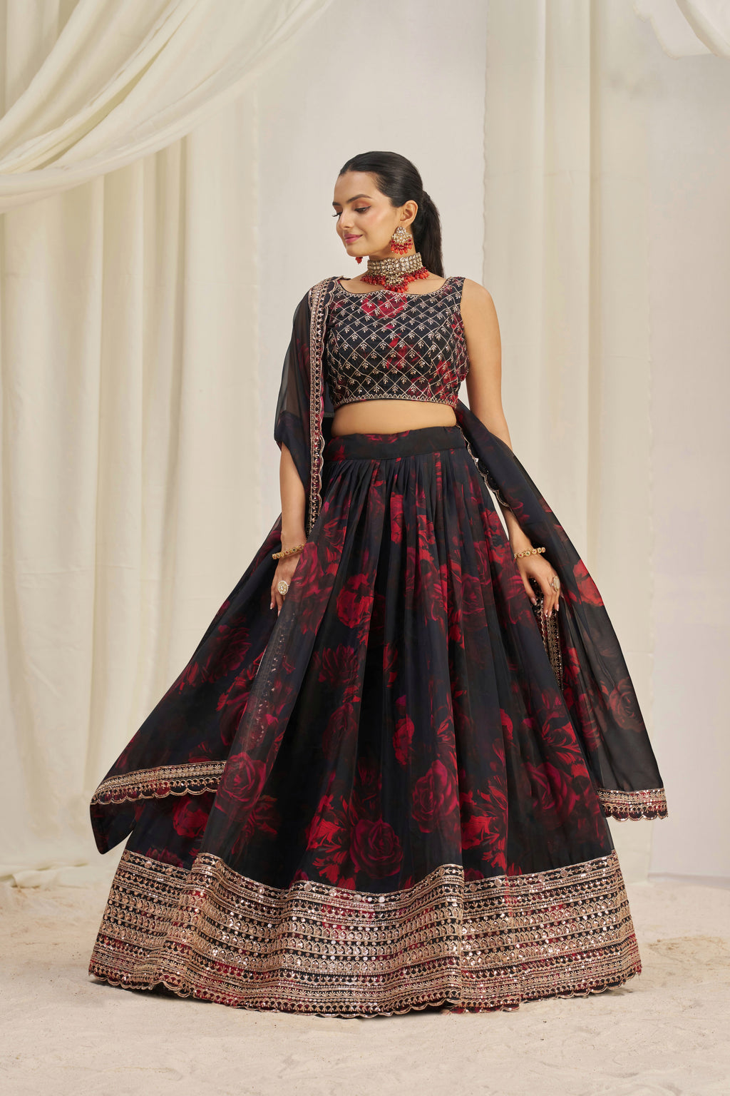 Stunning Floral Printed Sequins Embroidered Organza Lehenga Set - ETHNICDEAL