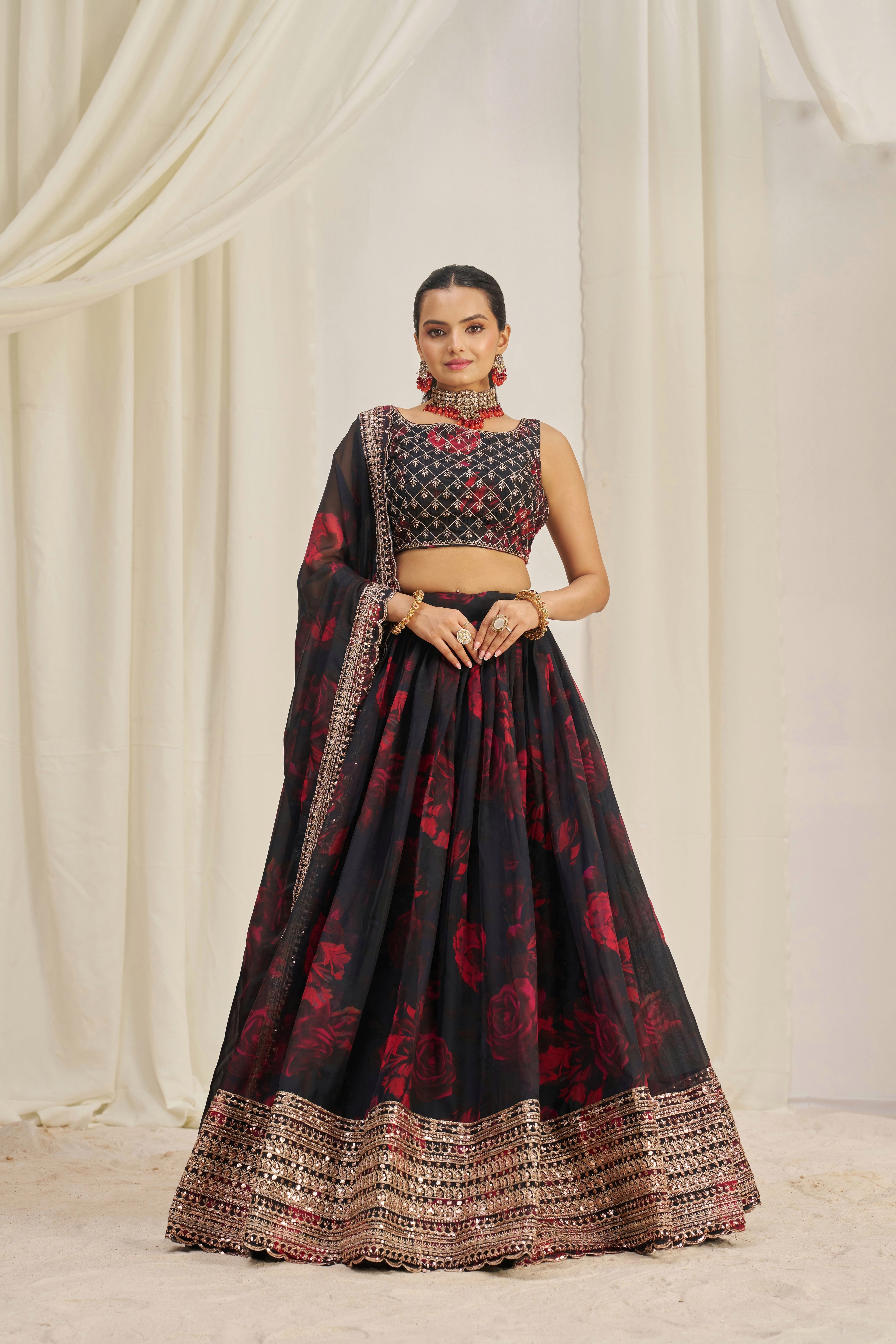 Stunning Floral Printed Sequins Embroidered Organza Lehenga Set - ETHNICDEAL