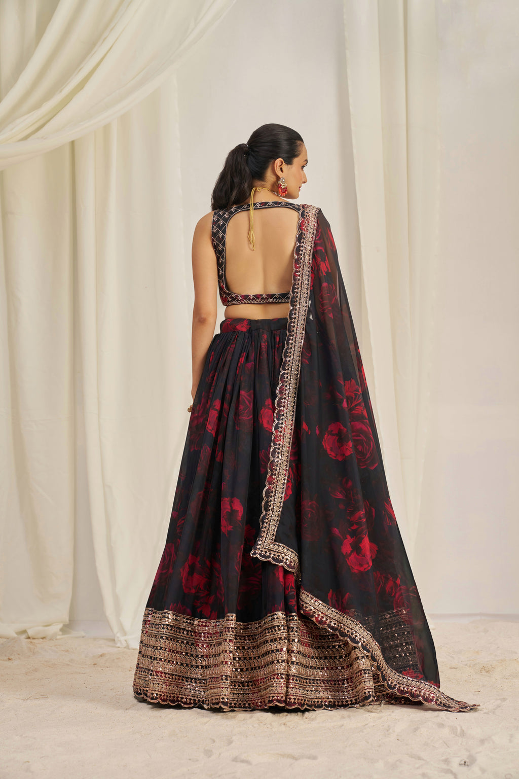 Stunning Floral Printed Sequins Embroidered Organza Lehenga Set - ETHNICDEAL