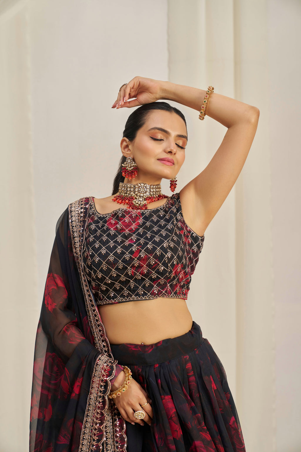 Stunning Floral Printed Sequins Embroidered Organza Lehenga Set - ETHNICDEAL