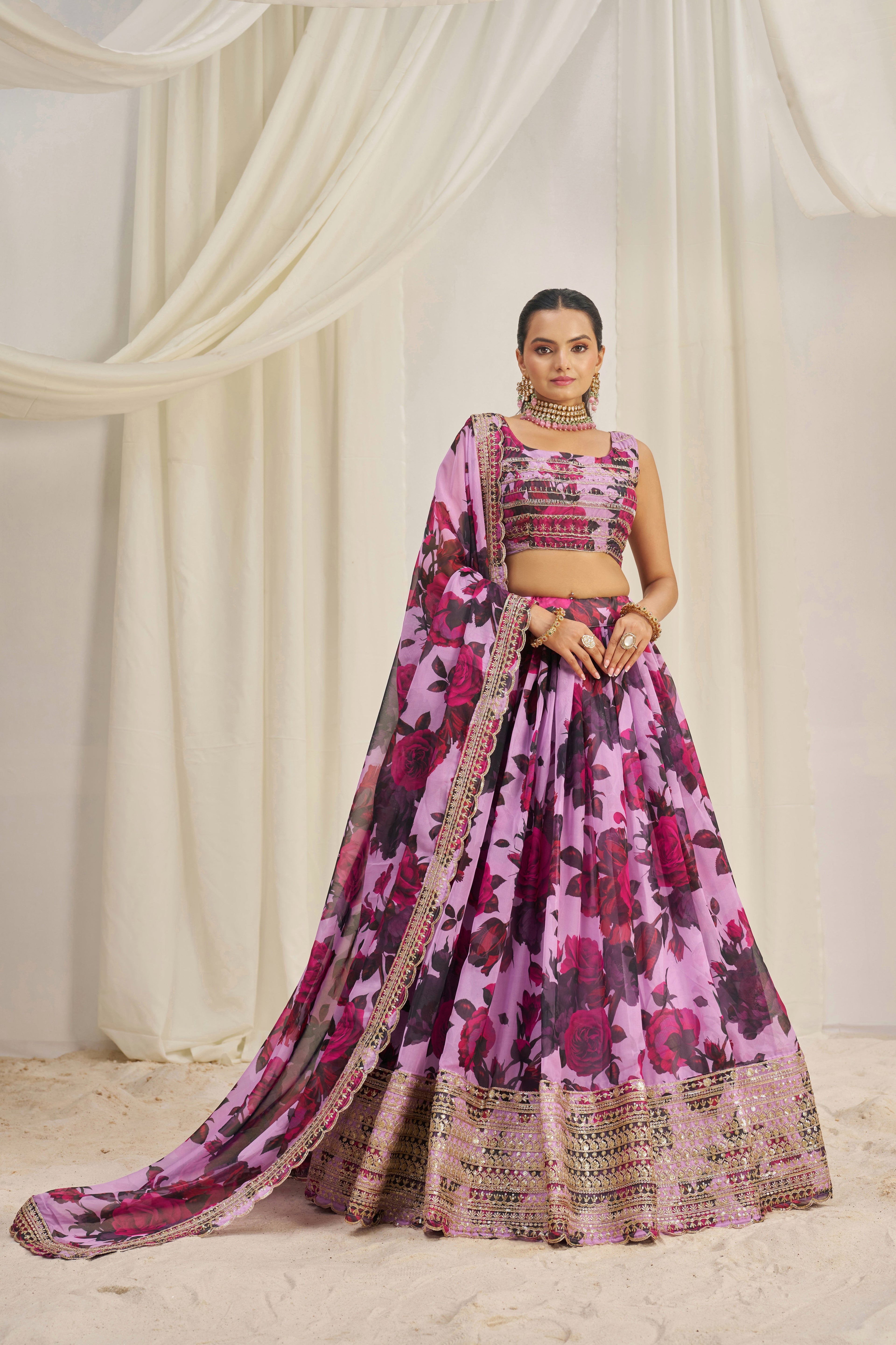 Stunning Floral Printed Sequins Embroidered Organza Lehenga Set - ETHNICDEAL