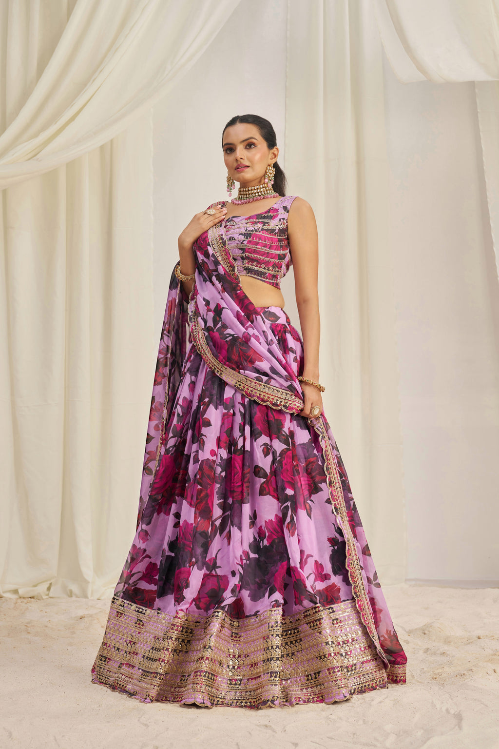 Stunning Floral Printed Sequins Embroidered Organza Lehenga Set - ETHNICDEAL
