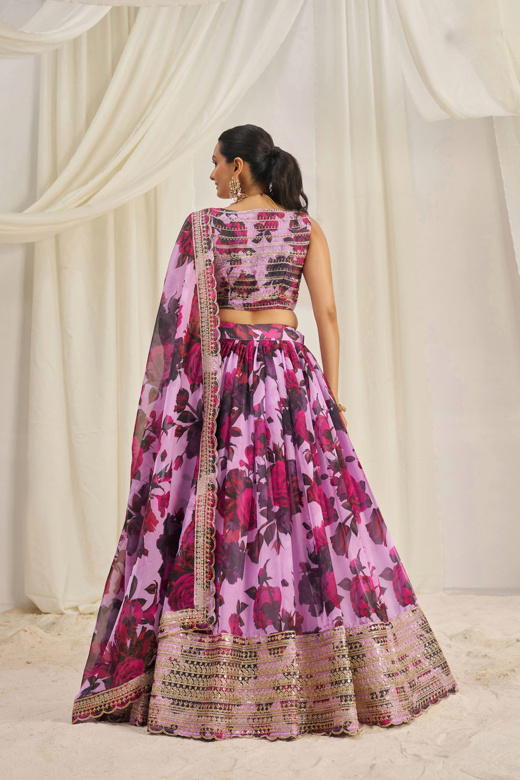 Stunning Floral Printed Sequins Embroidered Organza Lehenga Set - ETHNICDEAL