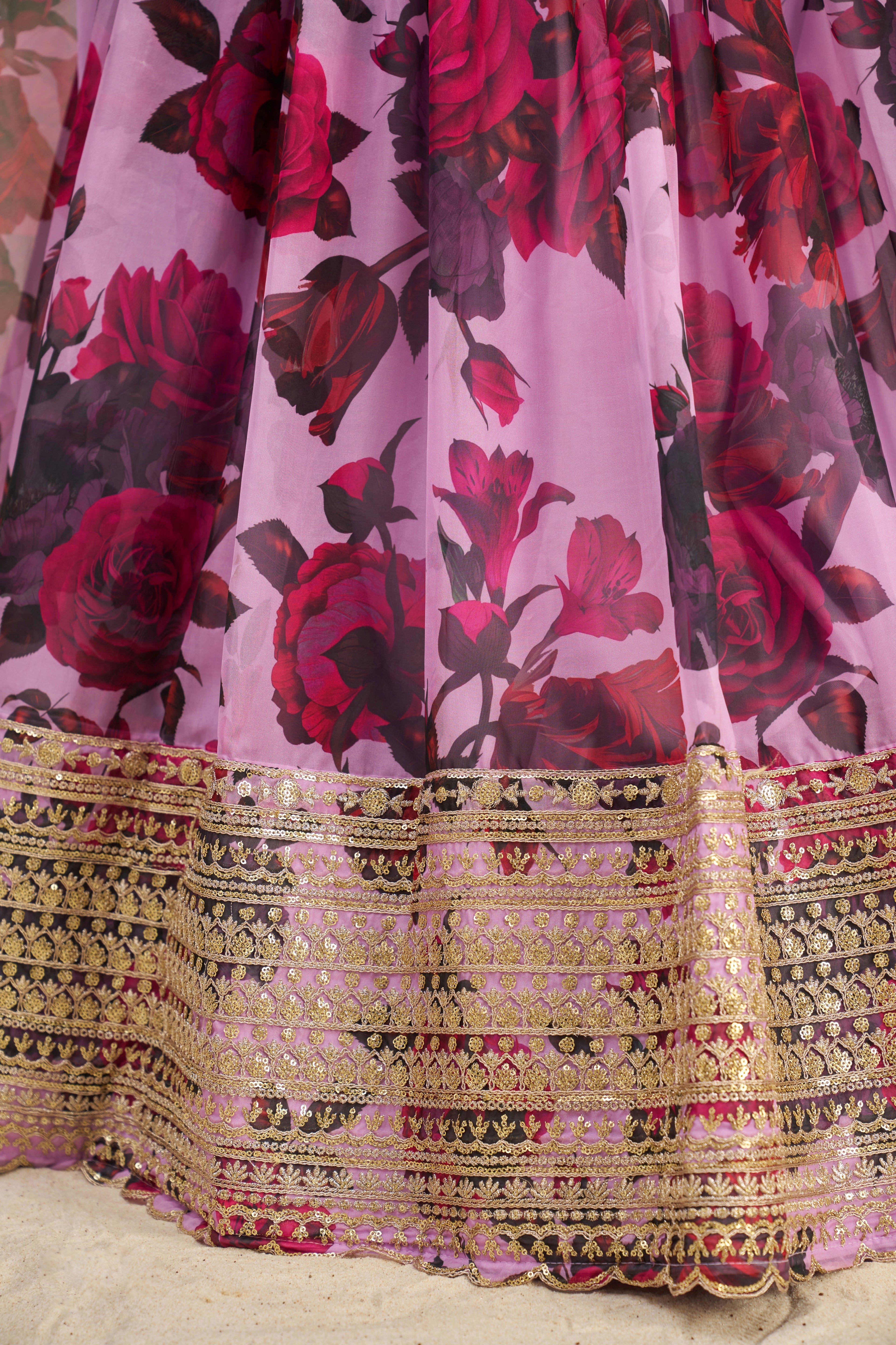 Stunning Floral Printed Sequins Embroidered Organza Lehenga Set - ETHNICDEAL