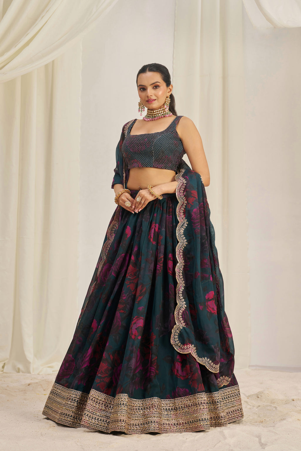 Stunning Floral Printed Sequins Embroidered Organza Lehenga Set - ETHNICDEAL