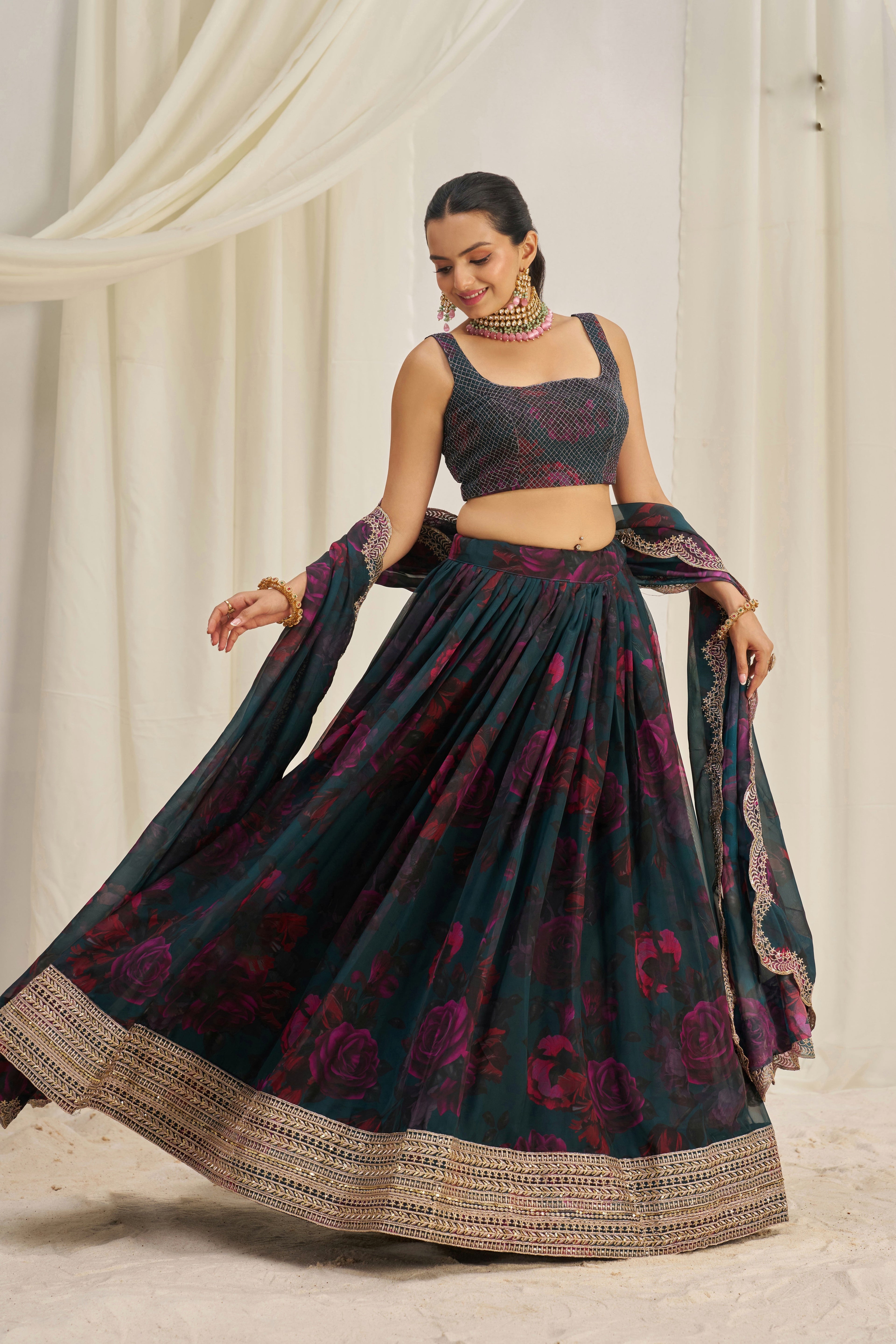Stunning Floral Printed Sequins Embroidered Organza Lehenga Set - ETHNICDEAL