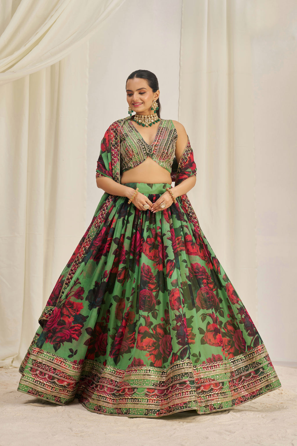 Stunning Floral Printed Sequins Embroidered Organza Lehenga Set - ETHNICDEAL