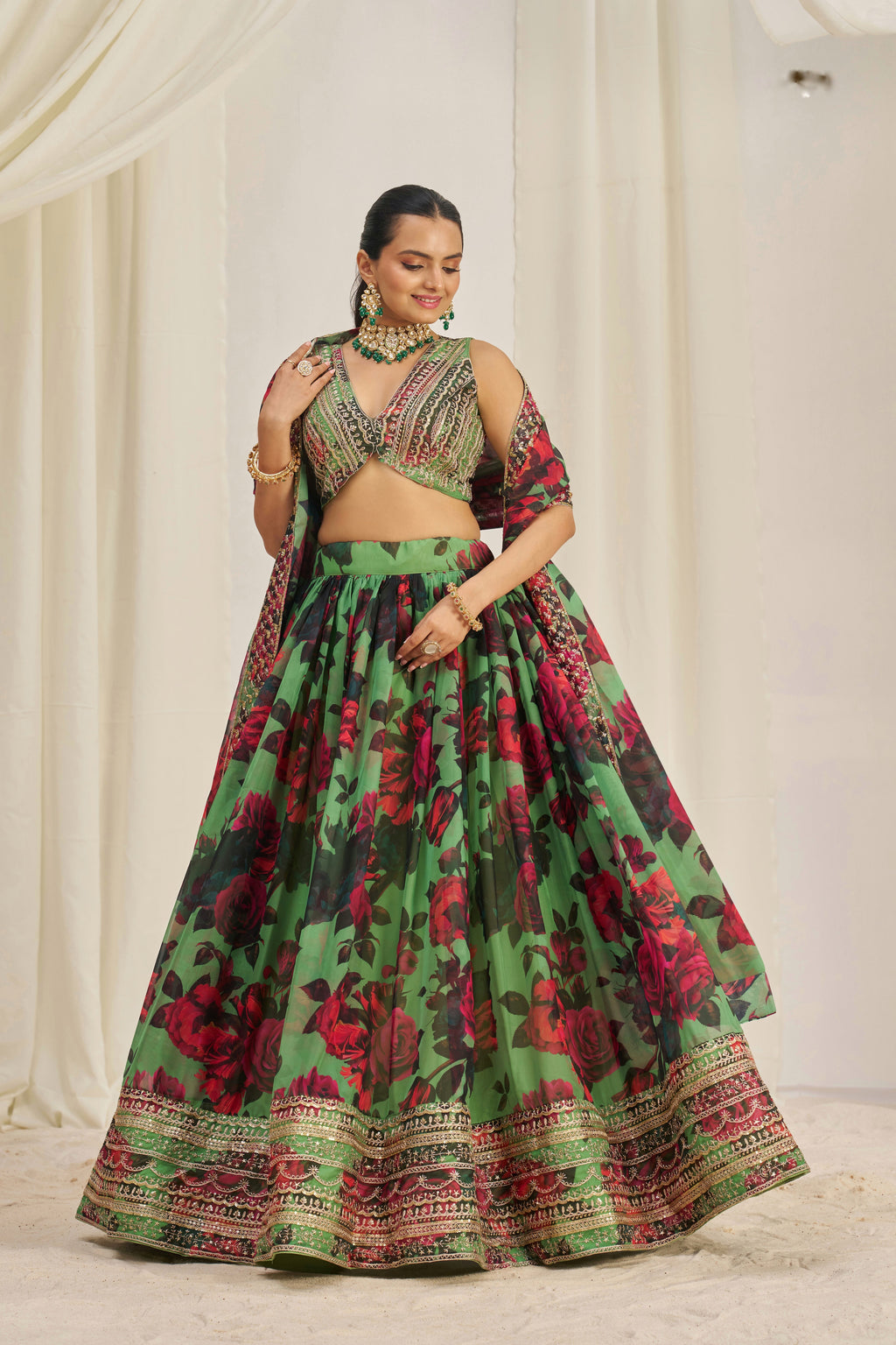 Stunning Floral Printed Sequins Embroidered Organza Lehenga Set - ETHNICDEAL