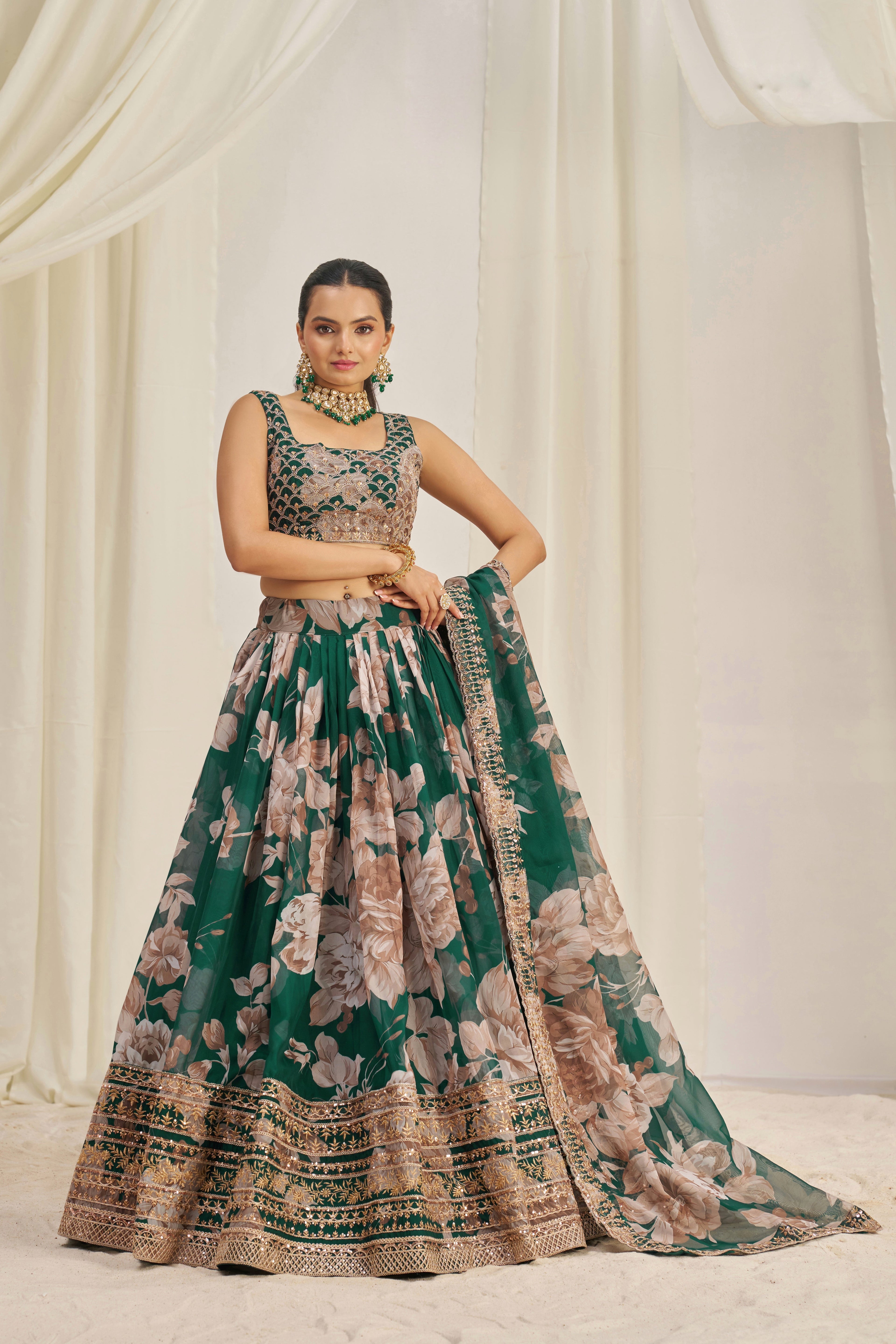 Stunning Floral Printed Sequins Embroidered Organza Lehenga Set - ETHNICDEAL