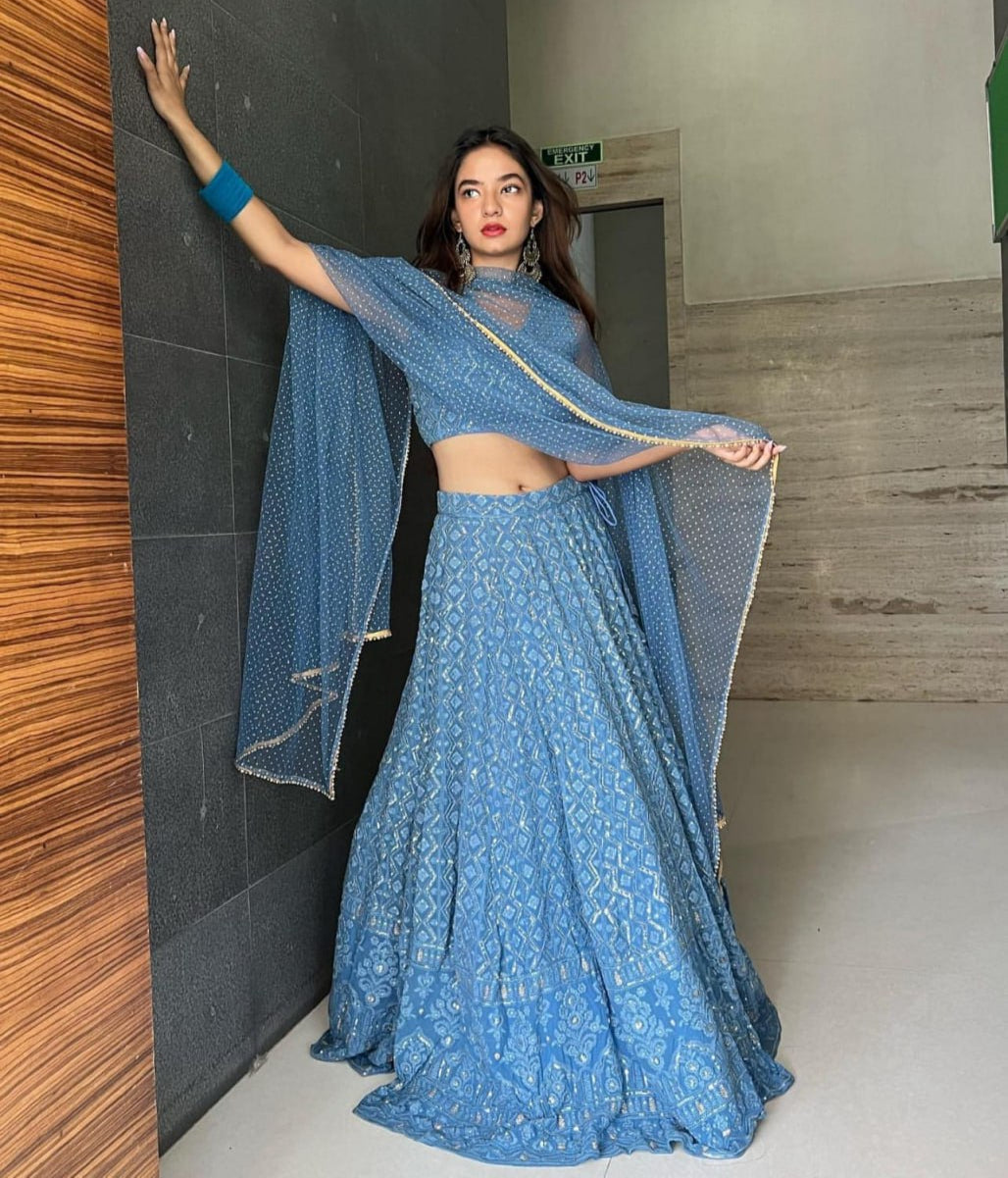 Blue Georgette Lehenga With Resham & Sequin Embroidery - ETHNICDEAL