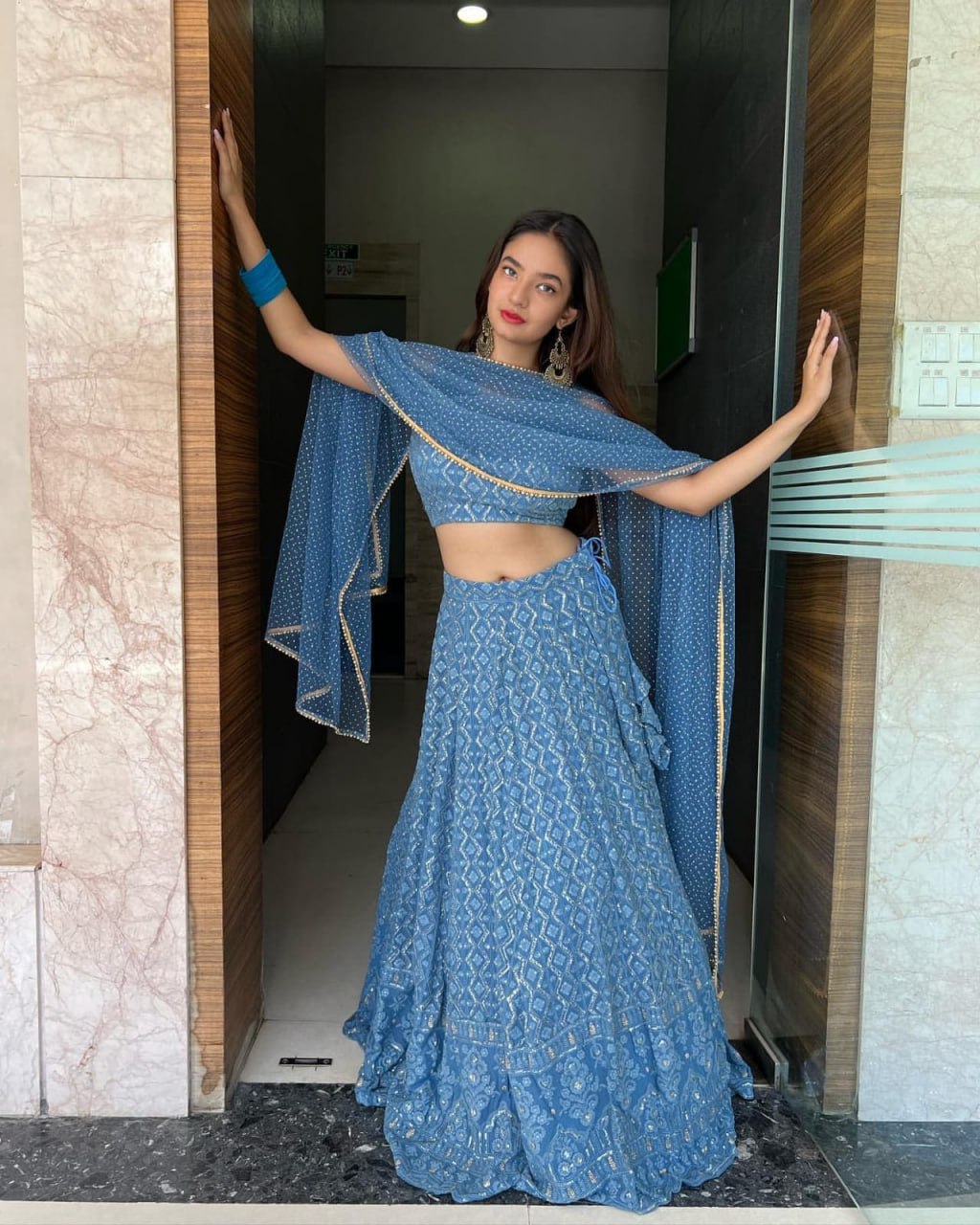 Blue Georgette Lehenga With Resham & Sequin Embroidery - ETHNICDEAL