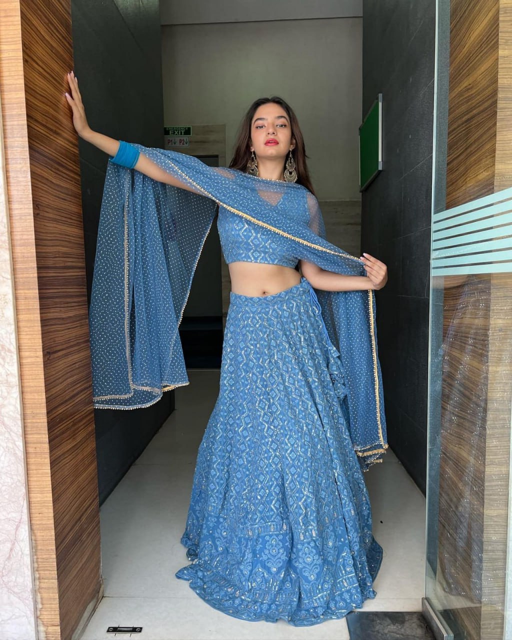 Blue Georgette Lehenga With Resham & Sequin Embroidery - ETHNICDEAL