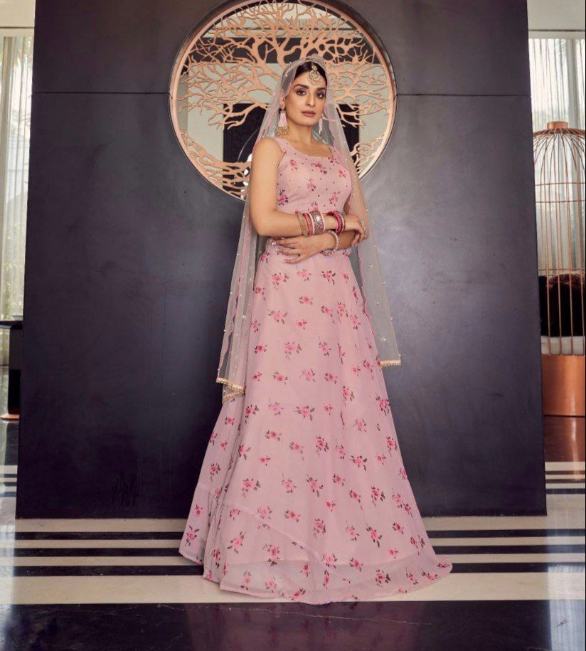 Elegant Peach Georgette Lehenga With Printed Mukesh Work - ETHNICDEAL