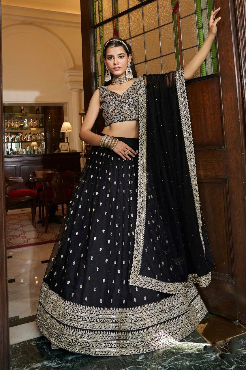 Graceful Black Soft Net Lehenga Set With Intricate Embroidery - ETHNICDEAL