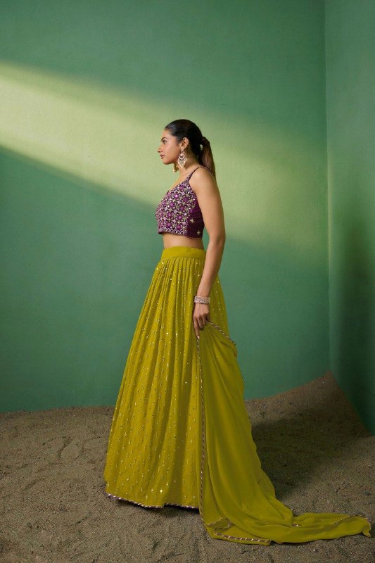 Graceful Mehendi Green Georgette Embroidered Lehenga Set - ETHNICDEAL