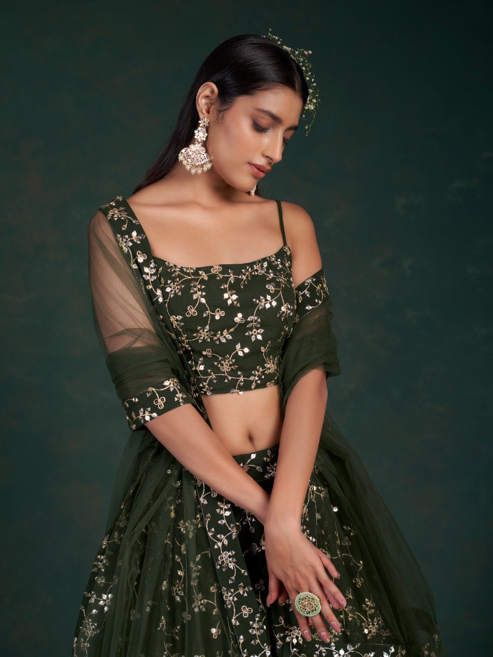 Mehendi Green Georgette Lehenga Set with 7mm Sequins & Zari Work - ETHNICDEAL