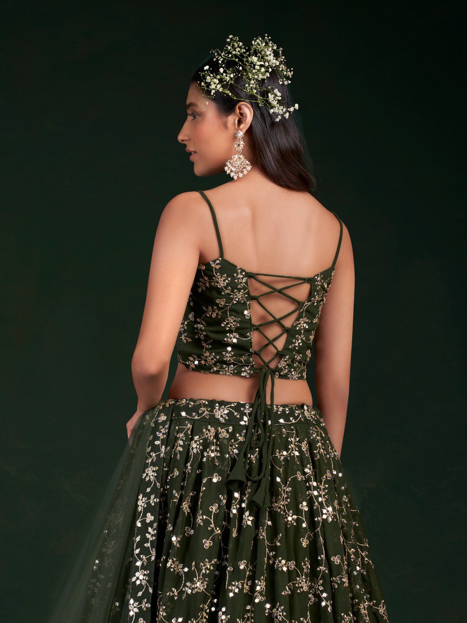 Mehendi Green Georgette Lehenga Set with 7mm Sequins & Zari Work - ETHNICDEAL