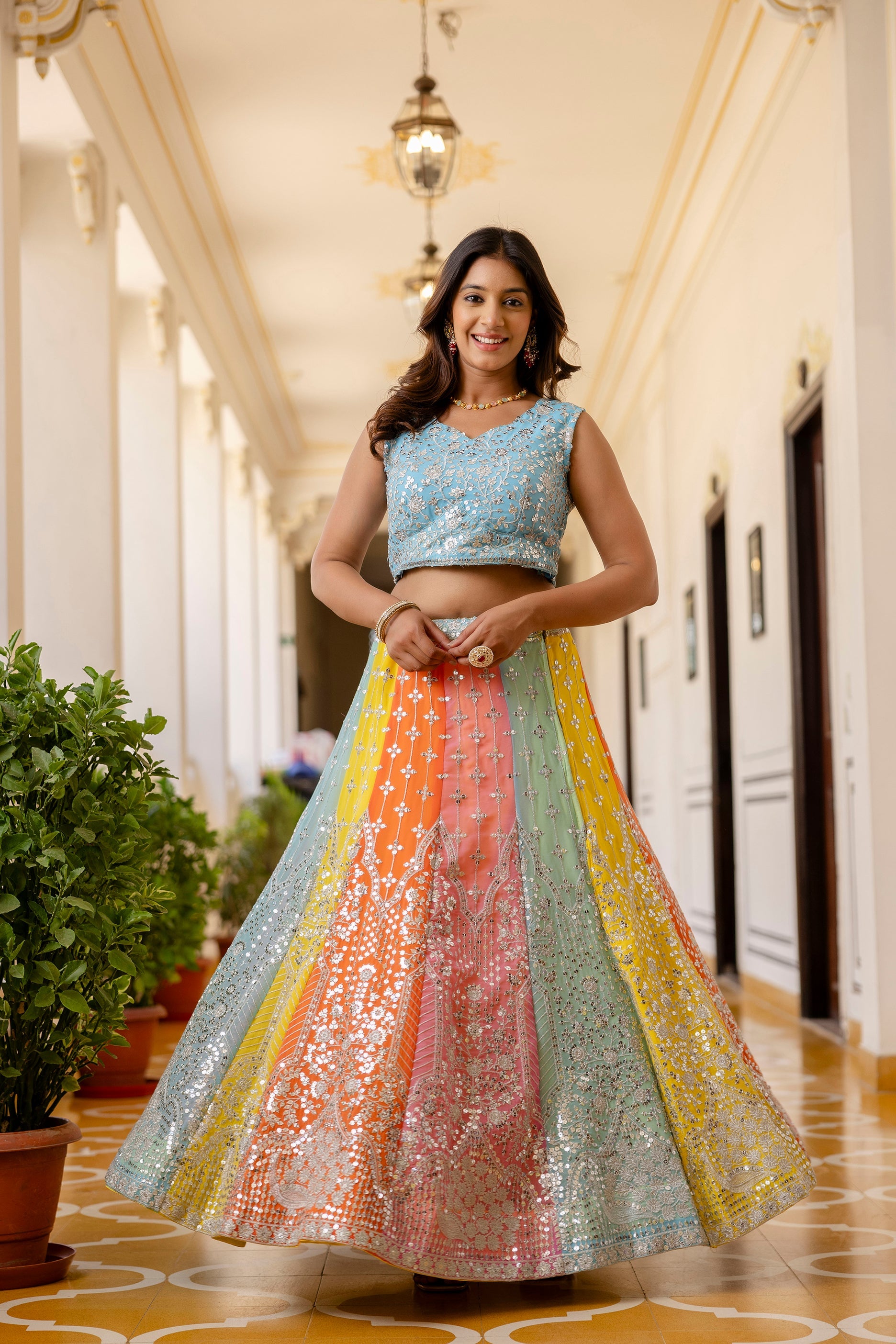Multicolored Faux Georgette Sequins Thread Embroidered Lehenga Choli - ETHNICDEAL