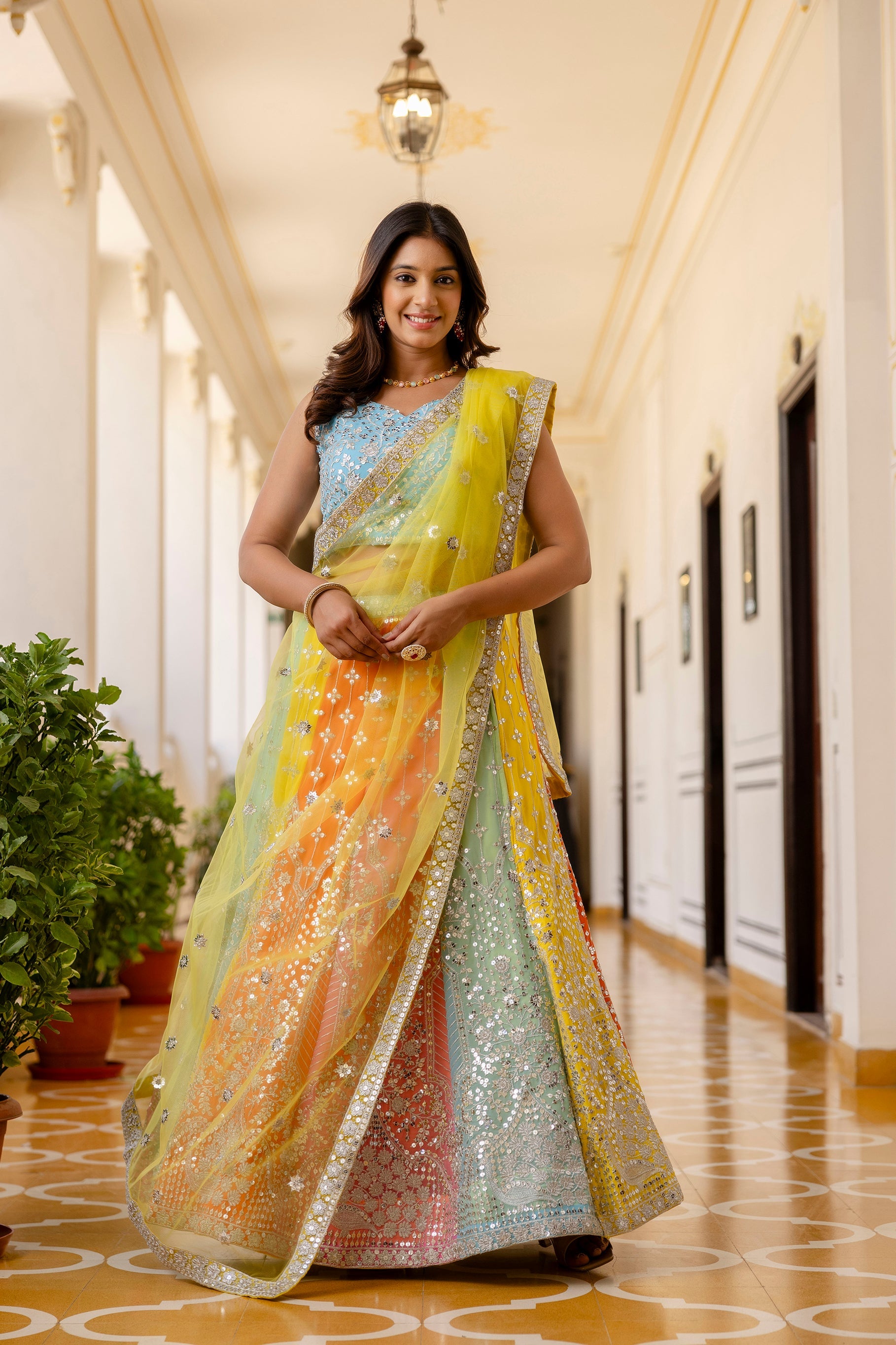 Multicolored Faux Georgette Sequins Thread Embroidered Lehenga Choli - ETHNICDEAL