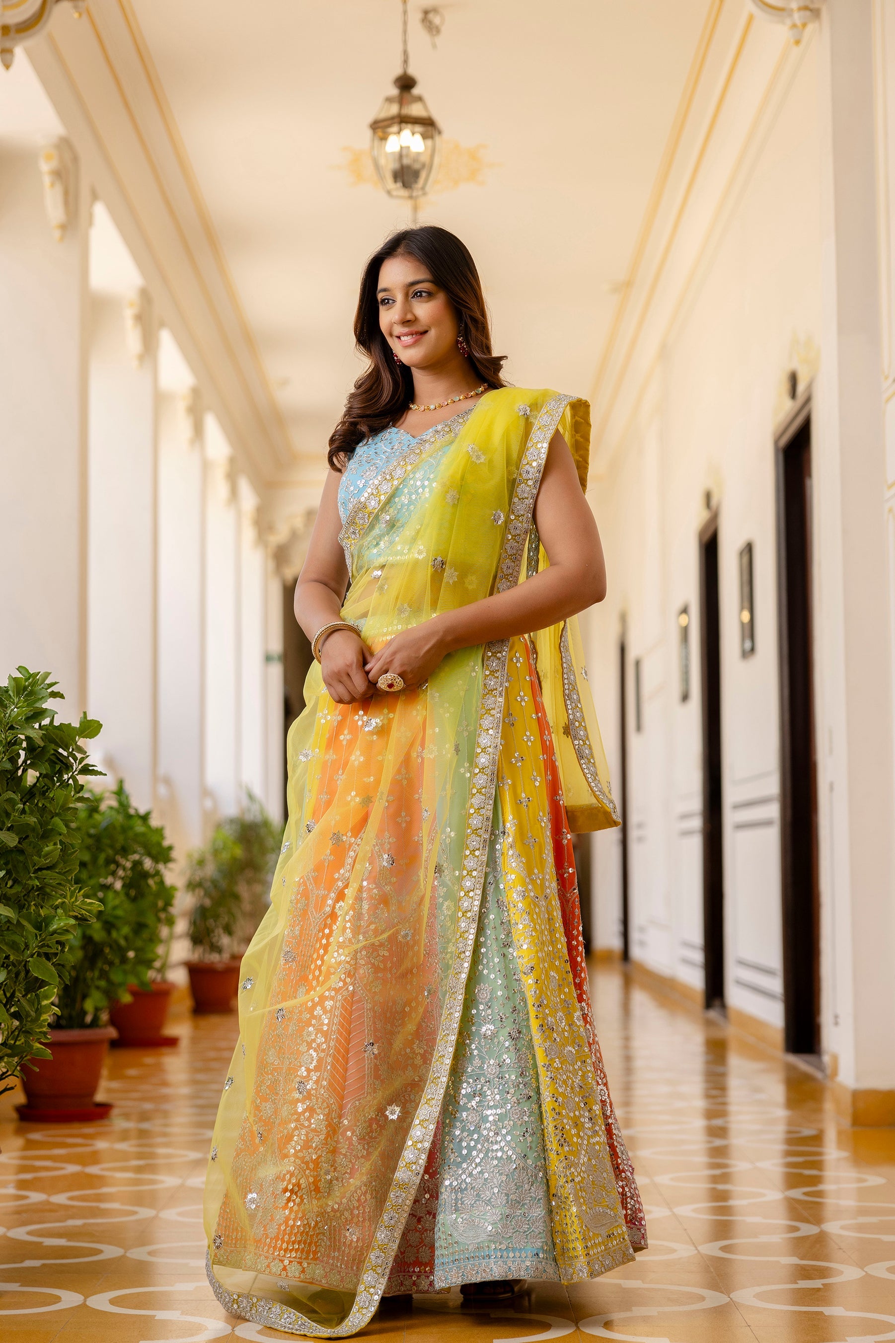 Multicolored Faux Georgette Sequins Thread Embroidered Lehenga Choli - ETHNICDEAL