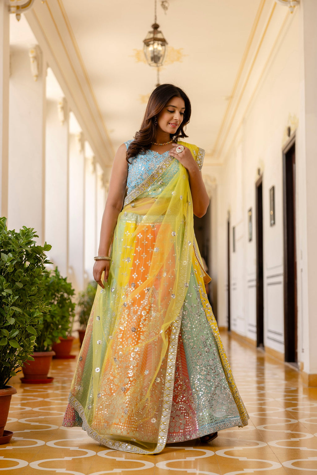 Multicolored Faux Georgette Sequins Thread Embroidered Lehenga Choli - ETHNICDEAL