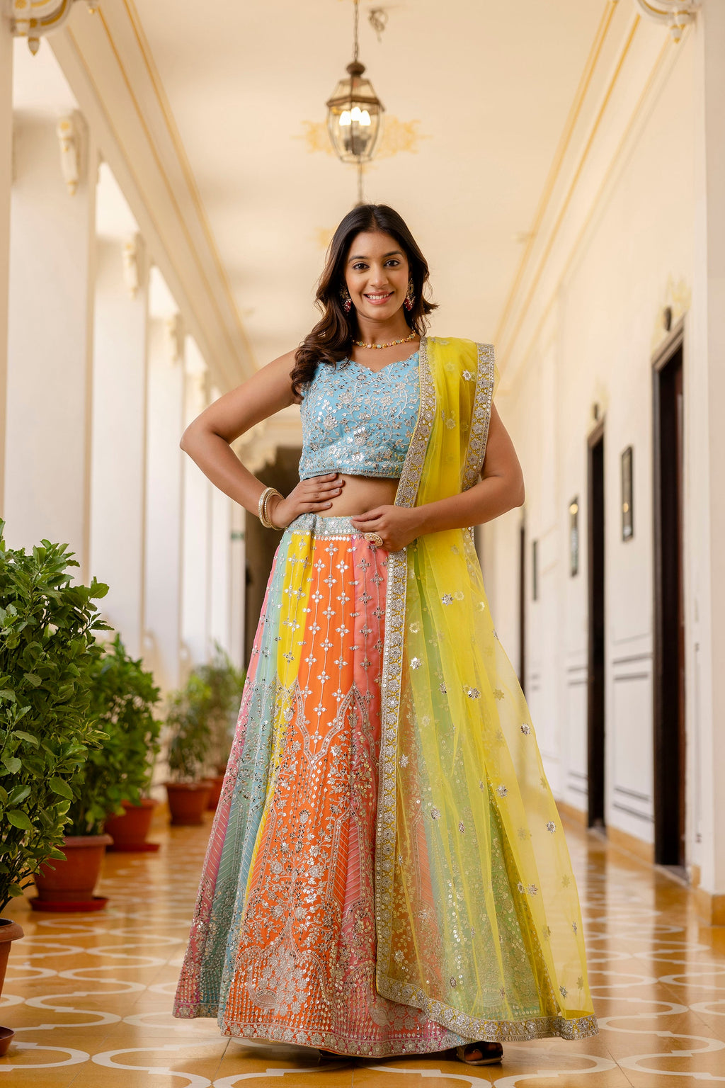 Multicolored Faux Georgette Sequins Thread Embroidered Lehenga Choli - ETHNICDEAL