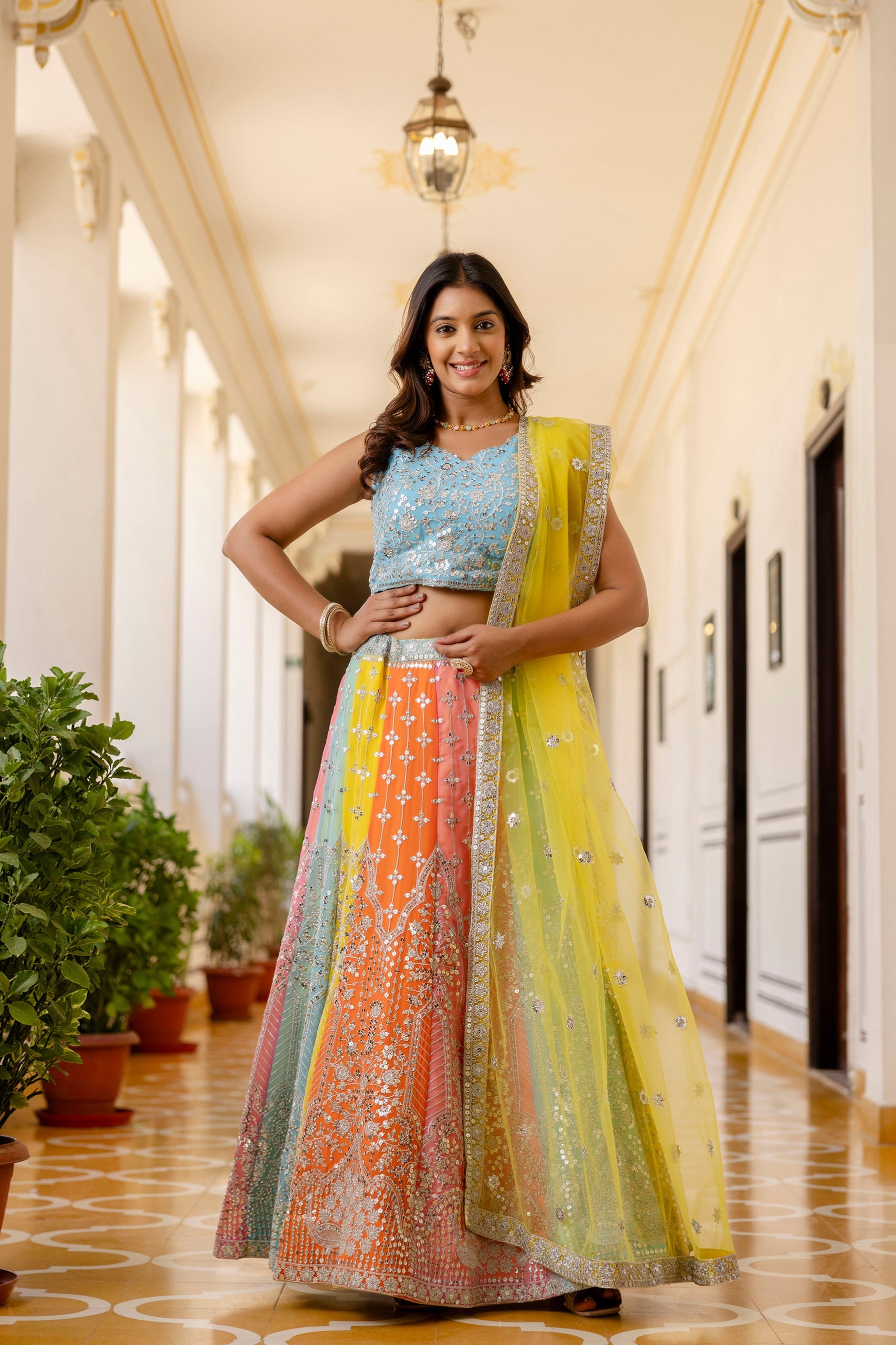 Multicolored Faux Georgette Sequins Thread Embroidered Lehenga Choli - ETHNICDEAL