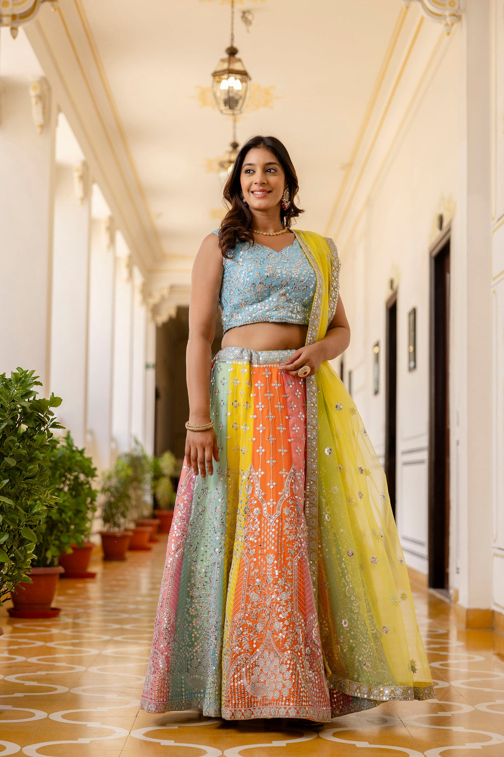 Multicolored Faux Georgette Sequins Thread Embroidered Lehenga Choli - ETHNICDEAL