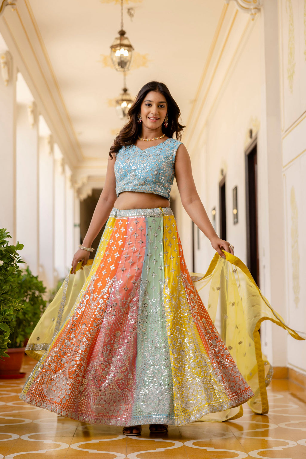 Multicolored Faux Georgette Sequins Thread Embroidered Lehenga Choli - ETHNICDEAL