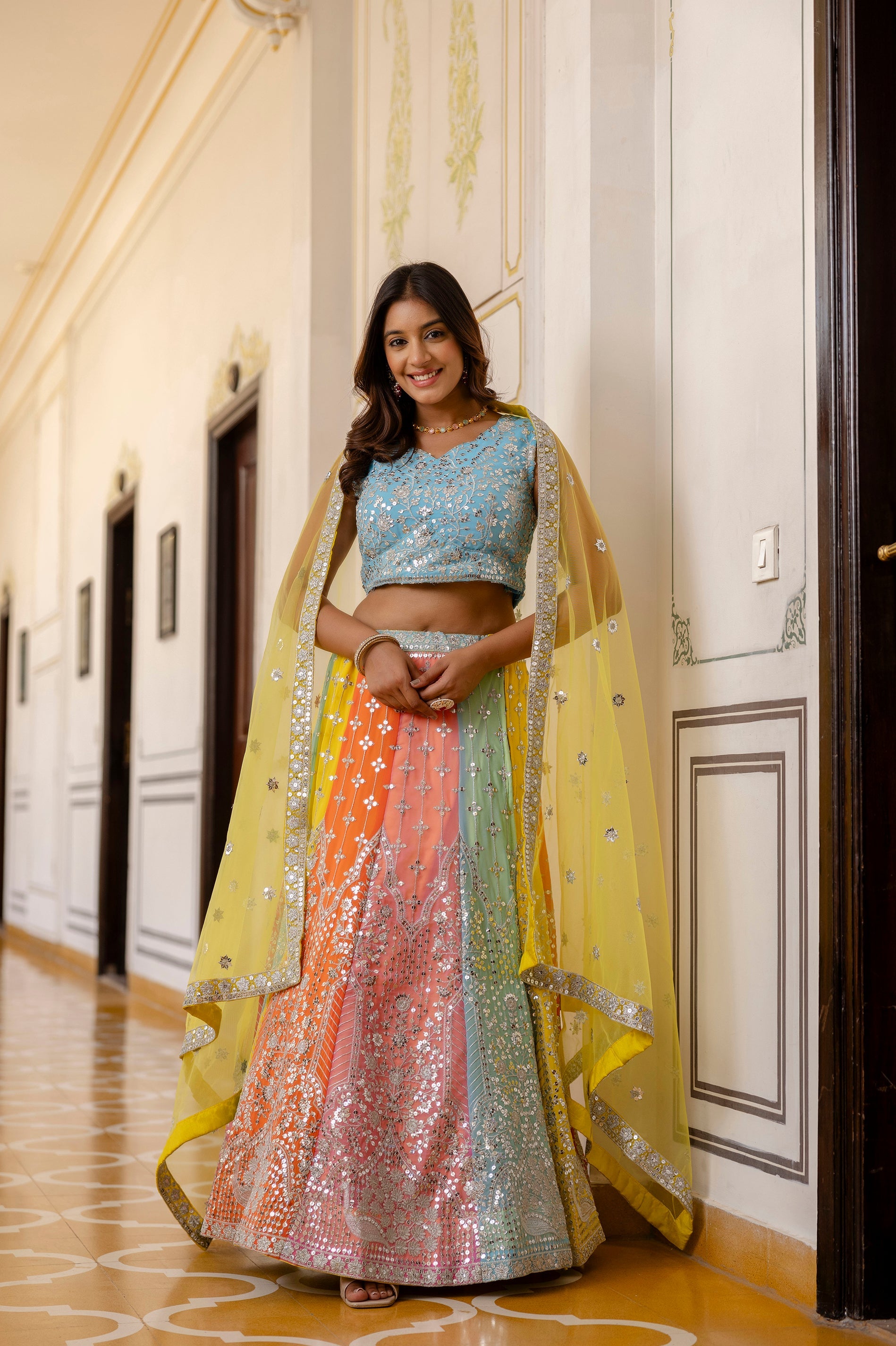 Multicolored Faux Georgette Sequins Thread Embroidered Lehenga Choli - ETHNICDEAL