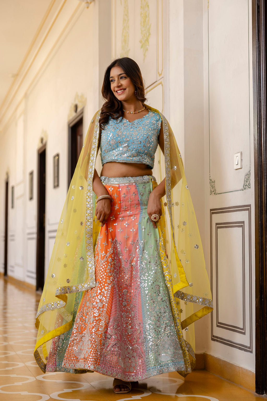 Multicolored Faux Georgette Sequins Thread Embroidered Lehenga Choli - ETHNICDEAL