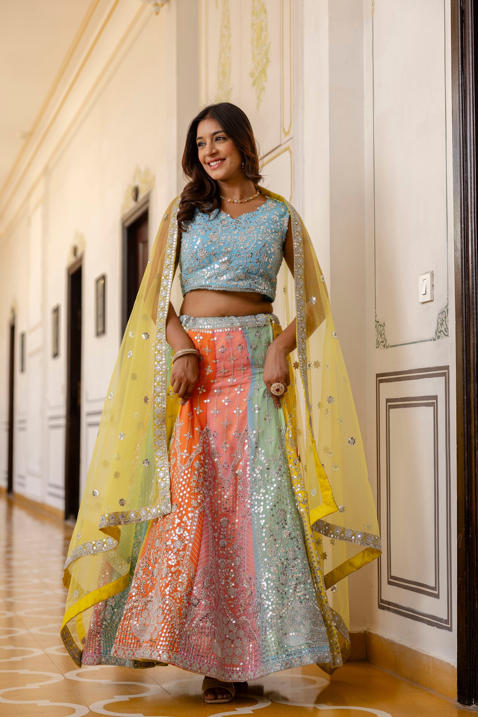 Multicolored Faux Georgette Sequins Thread Embroidered Lehenga Choli - ETHNICDEAL