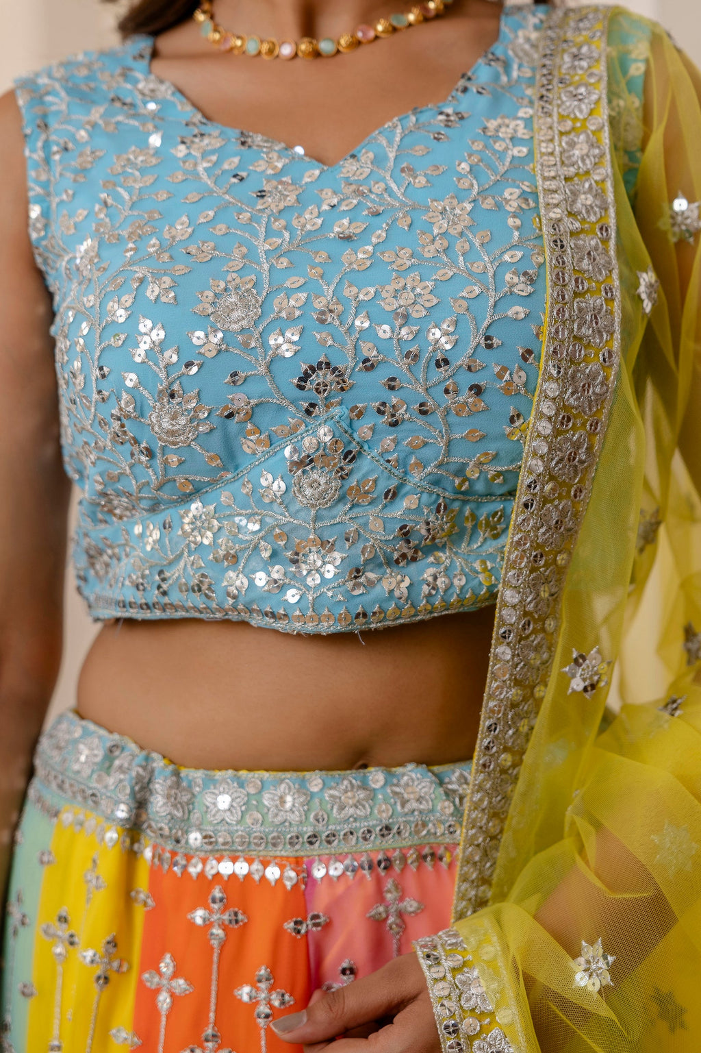 Multicolored Faux Georgette Sequins Thread Embroidered Lehenga Choli - ETHNICDEAL