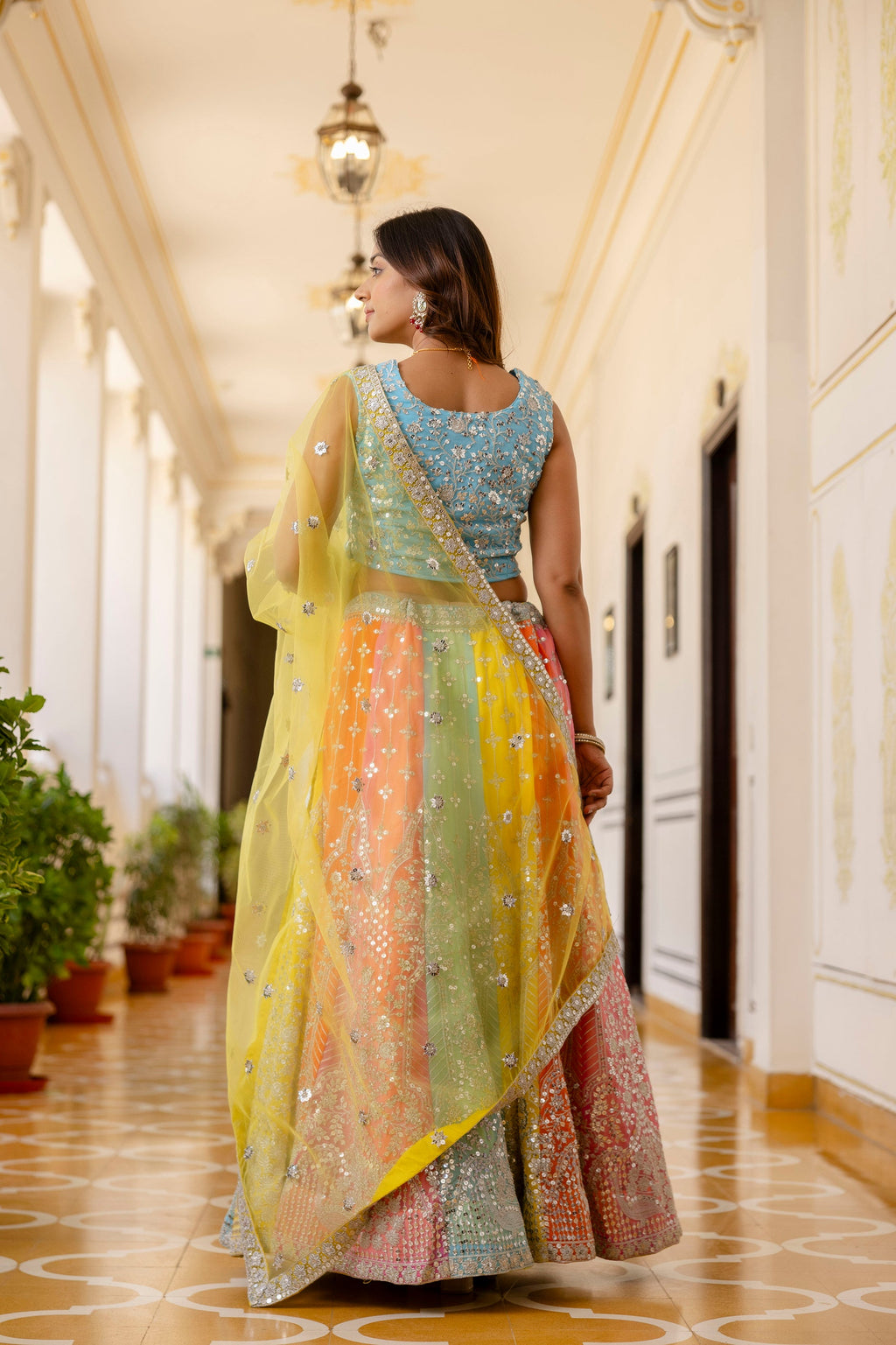 Multicolored Faux Georgette Sequins Thread Embroidered Lehenga Choli - ETHNICDEAL