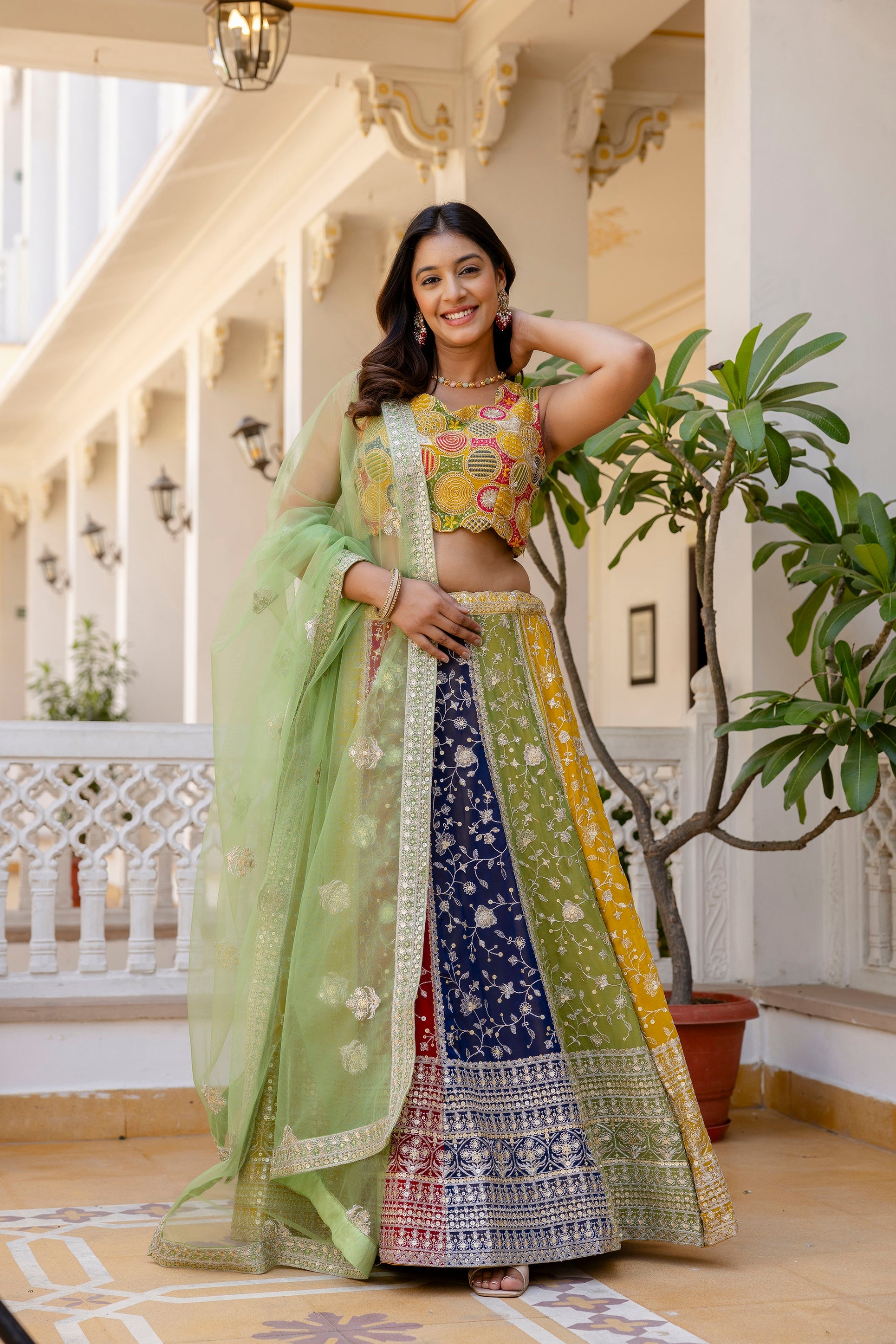 Multicolored Faux Georgette Sequins Thread Worked Lehenga Choli - ETHNICDEAL