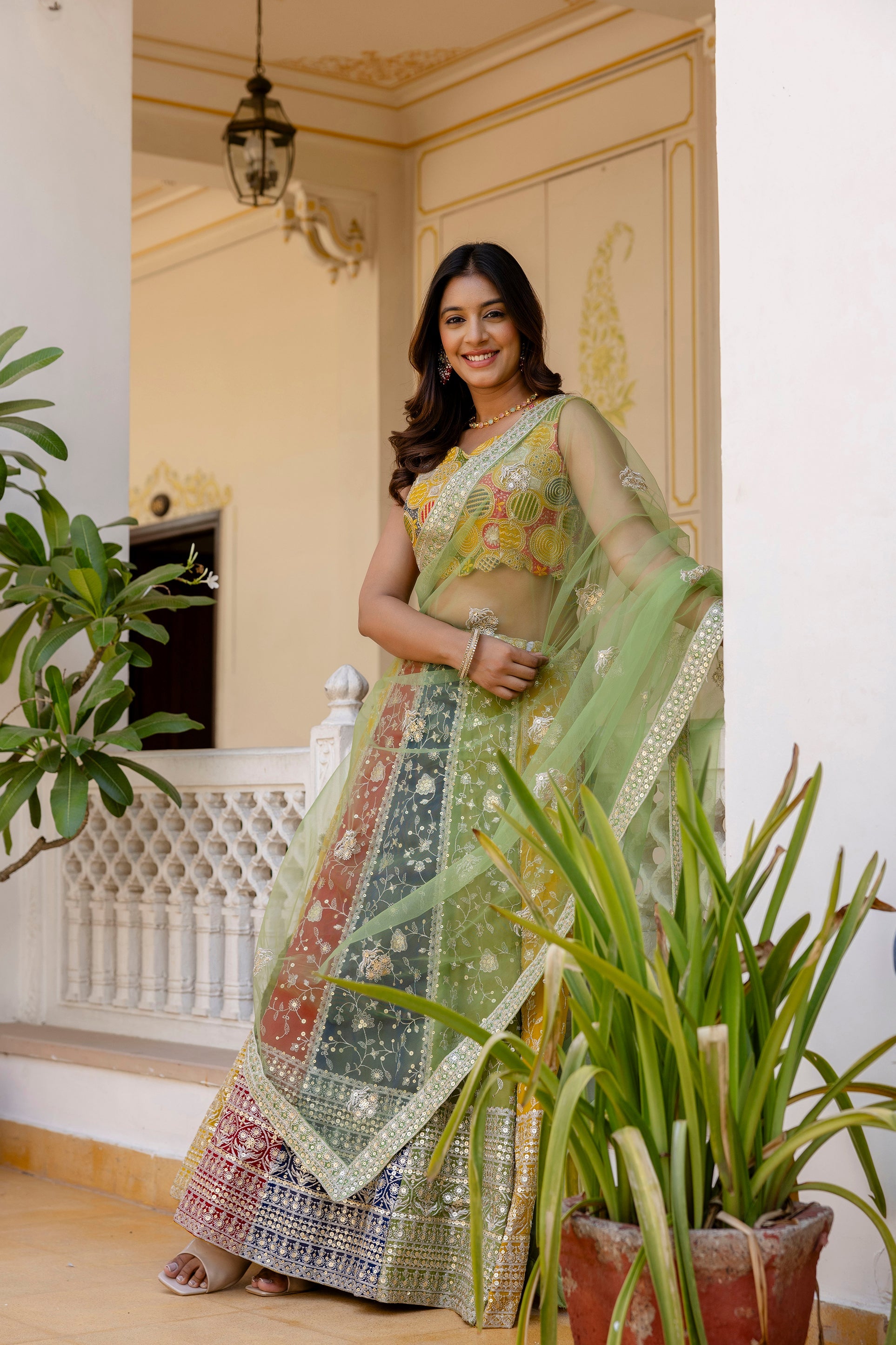 Multicolored Faux Georgette Sequins Thread Worked Lehenga Choli - ETHNICDEAL