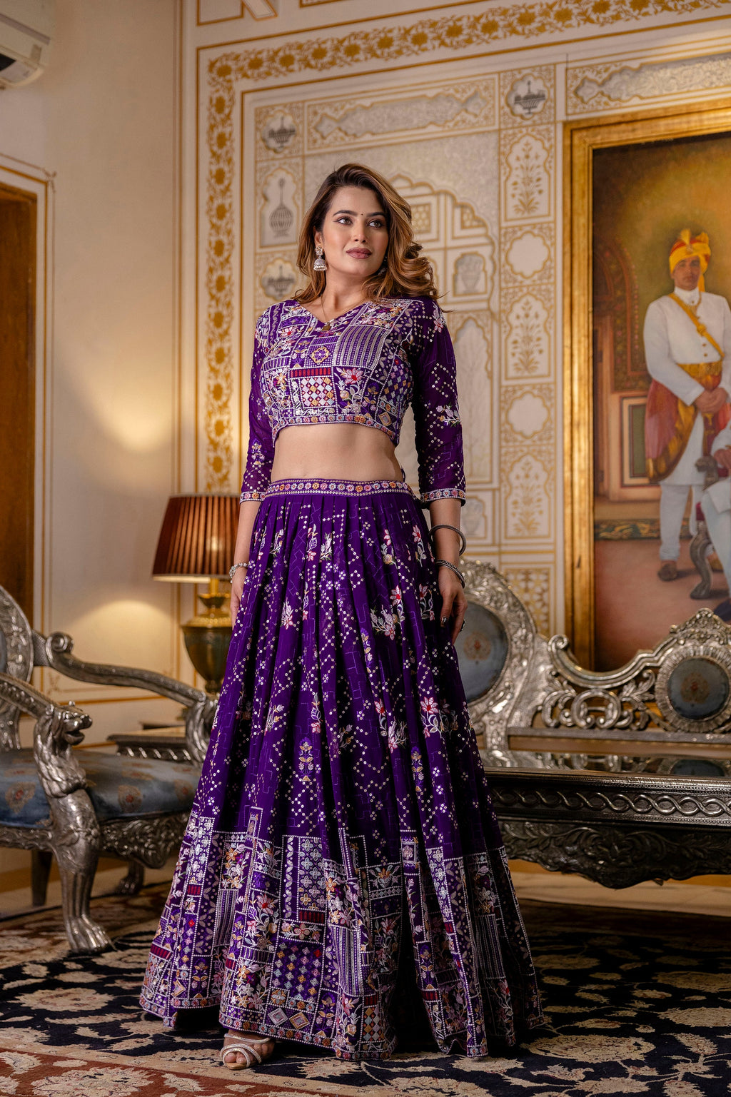 Purple Floral Sequins Thread Embroidered Lehenga Choli Set - ETHNICDEAL