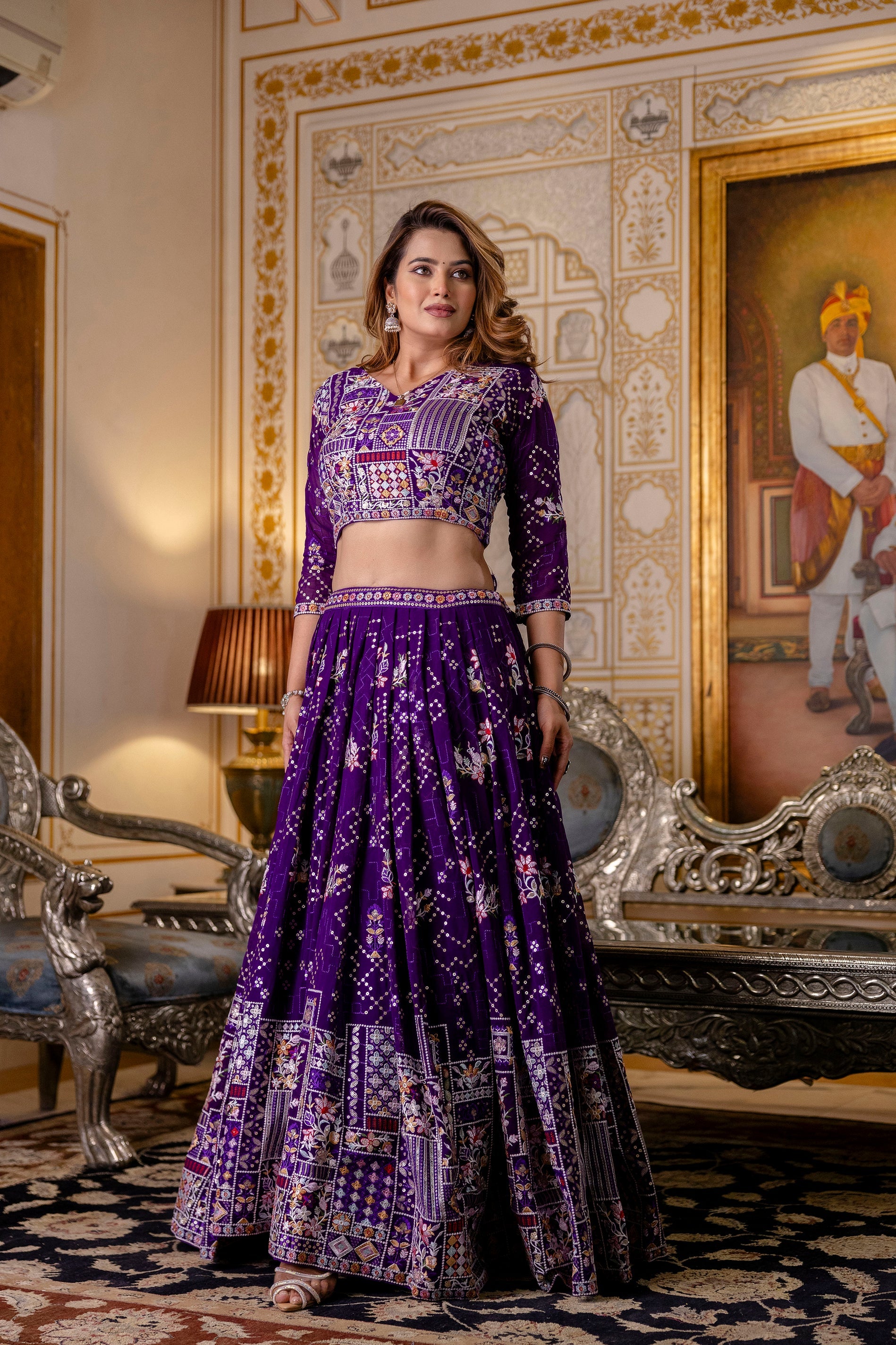 Purple Floral Sequins Thread Embroidered Lehenga Choli Set - ETHNICDEAL