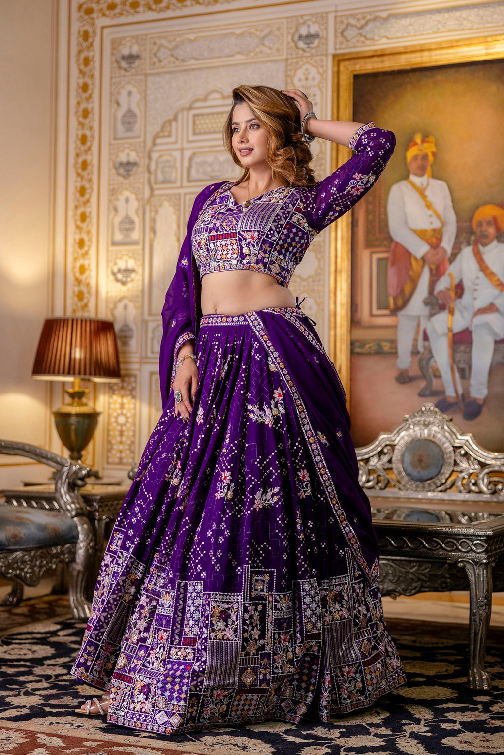 Purple Floral Sequins Thread Embroidered Lehenga Choli Set - ETHNICDEAL