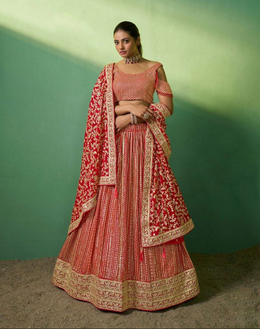Radiant Red Georgette Embroidered Lehenga Set - ETHNICDEAL