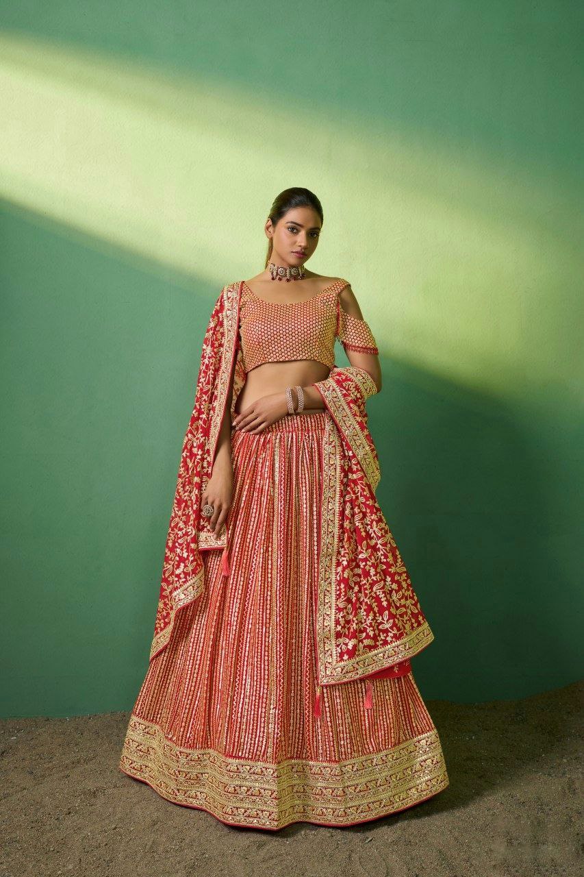 Radiant Red Georgette Embroidered Lehenga Set - ETHNICDEAL