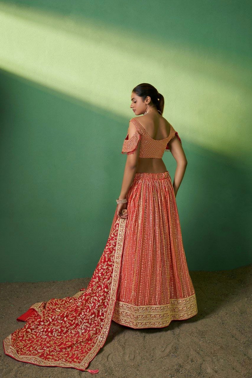 Radiant Red Georgette Embroidered Lehenga Set - ETHNICDEAL