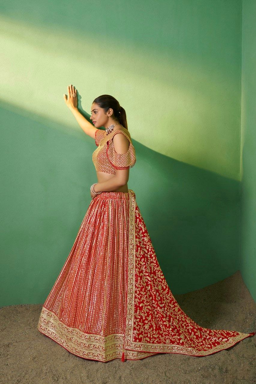 Radiant Red Georgette Embroidered Lehenga Set - ETHNICDEAL