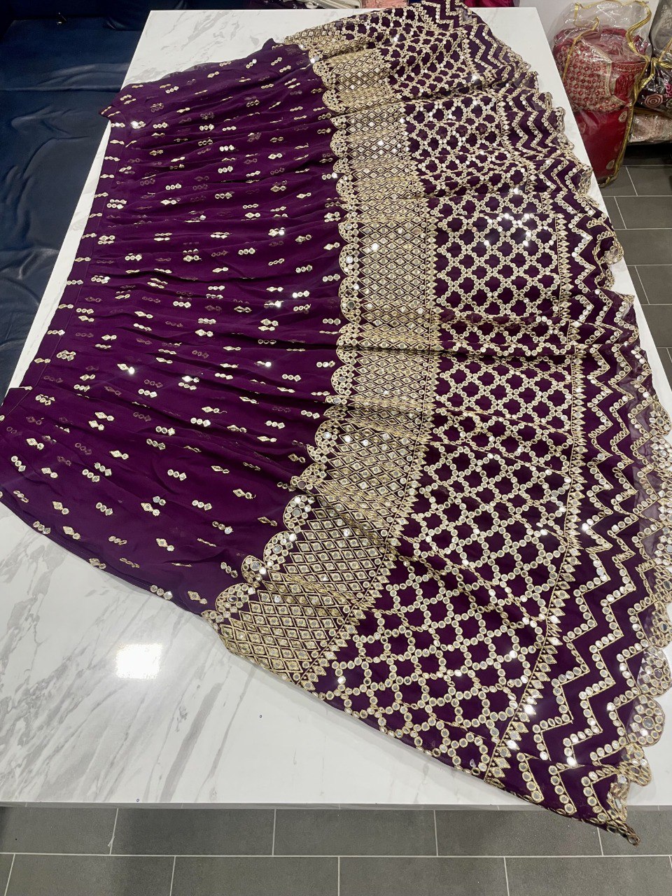 Wine Georgette Lehenga Set with Zari, Sequins & Foil Mirror Work - ETHNICDEAL