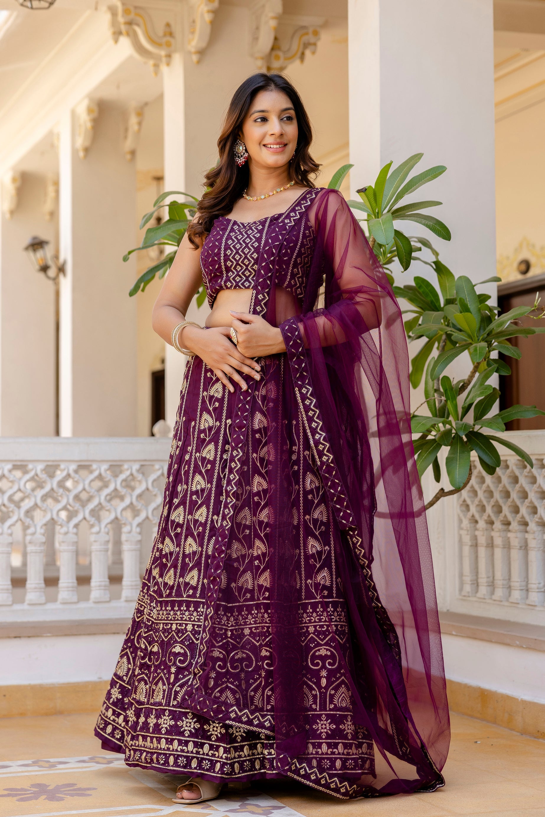 Wine Georgette Sequins Embroidered Lehenga Choli Set - ETHNICDEAL